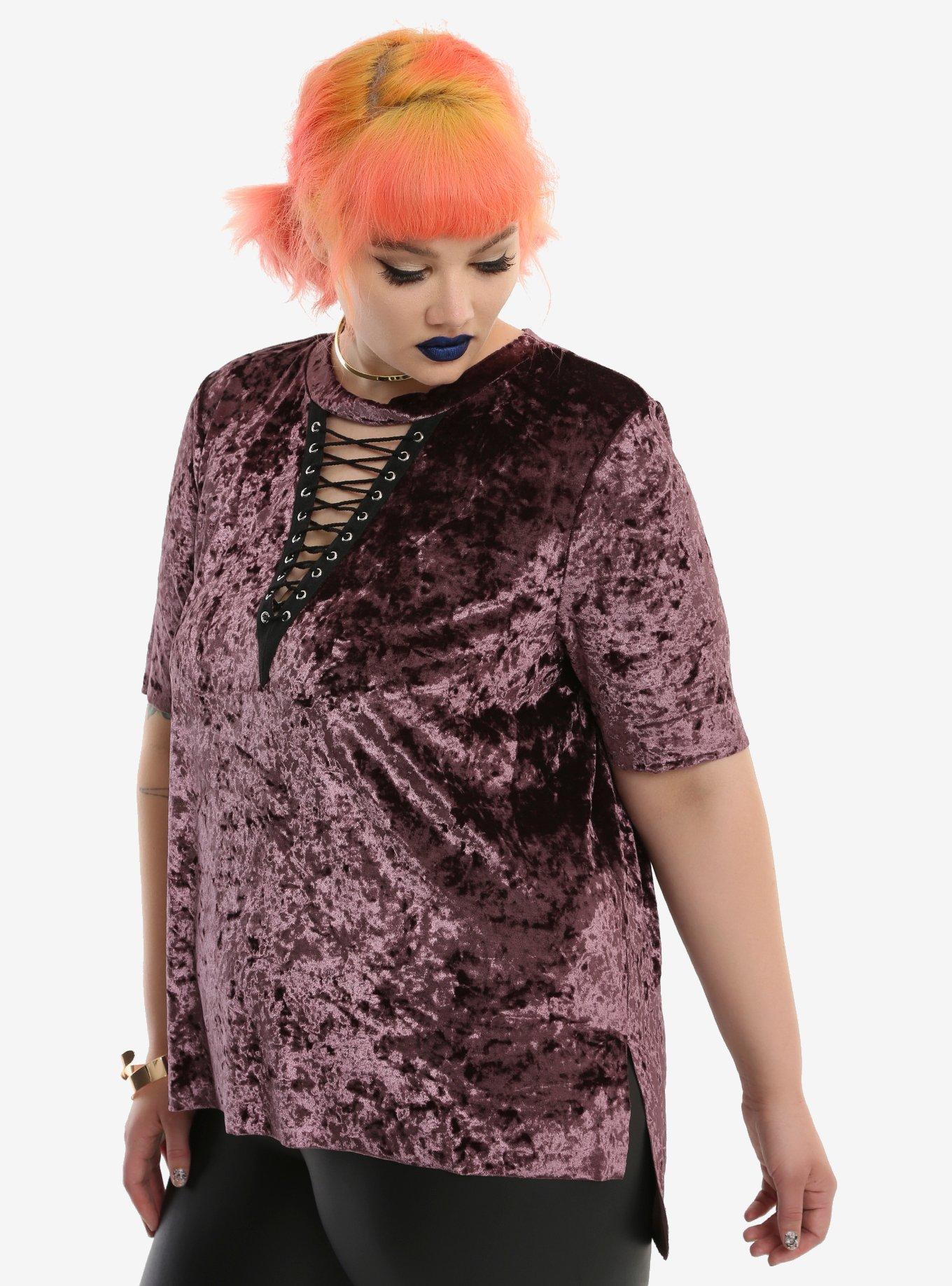 Purple Velvet Lace-Up Girls Top Plus Size, BURGUNDY, hi-res