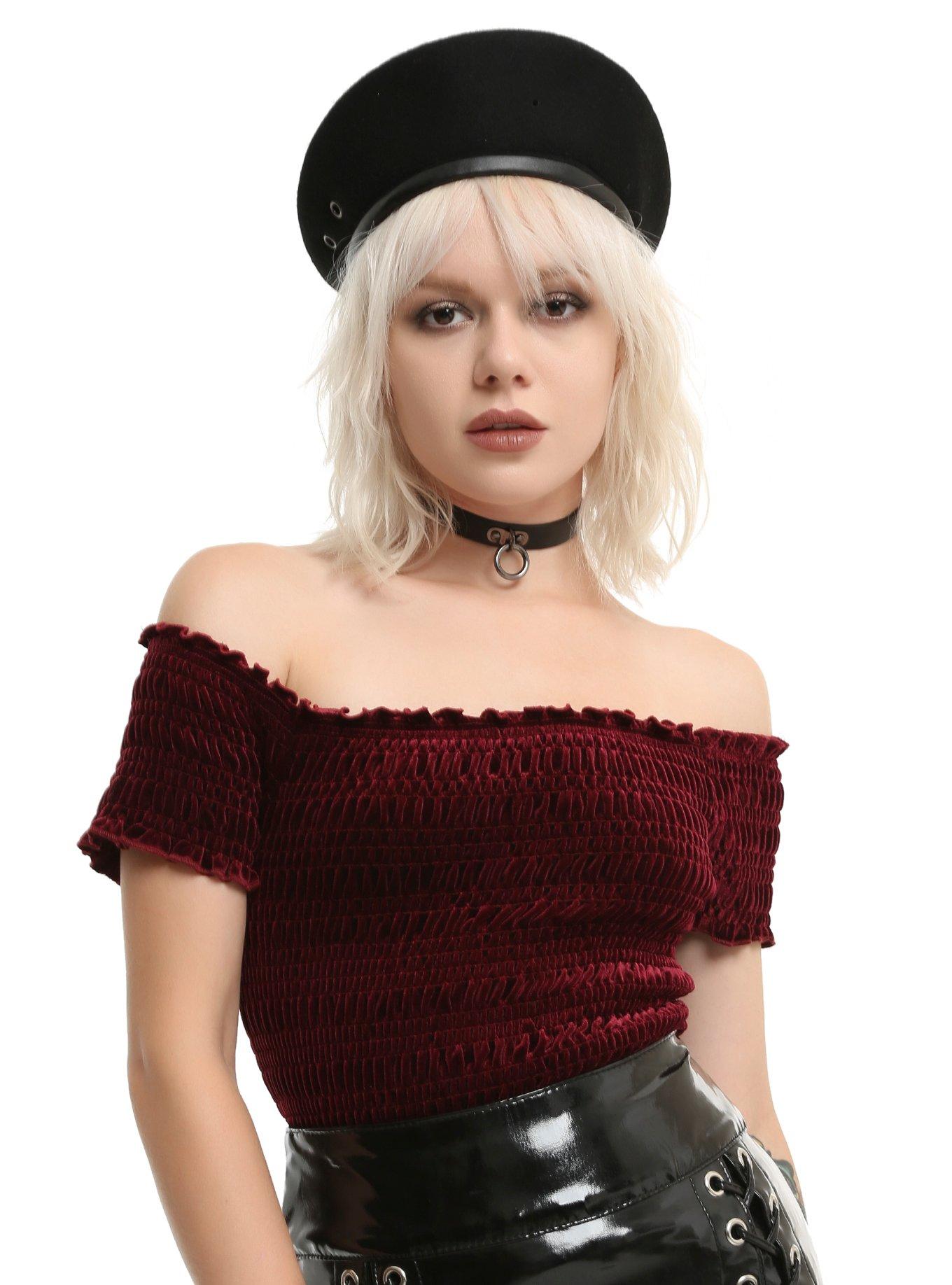 Burgundy Smocked Off-Shoulder Velvet Girls Top, BURGUNDY, hi-res