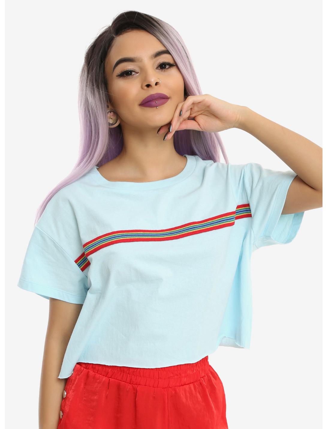 Baby Blue Rainbow Stripe Girls Crop T-Shirt, BLUE, hi-res