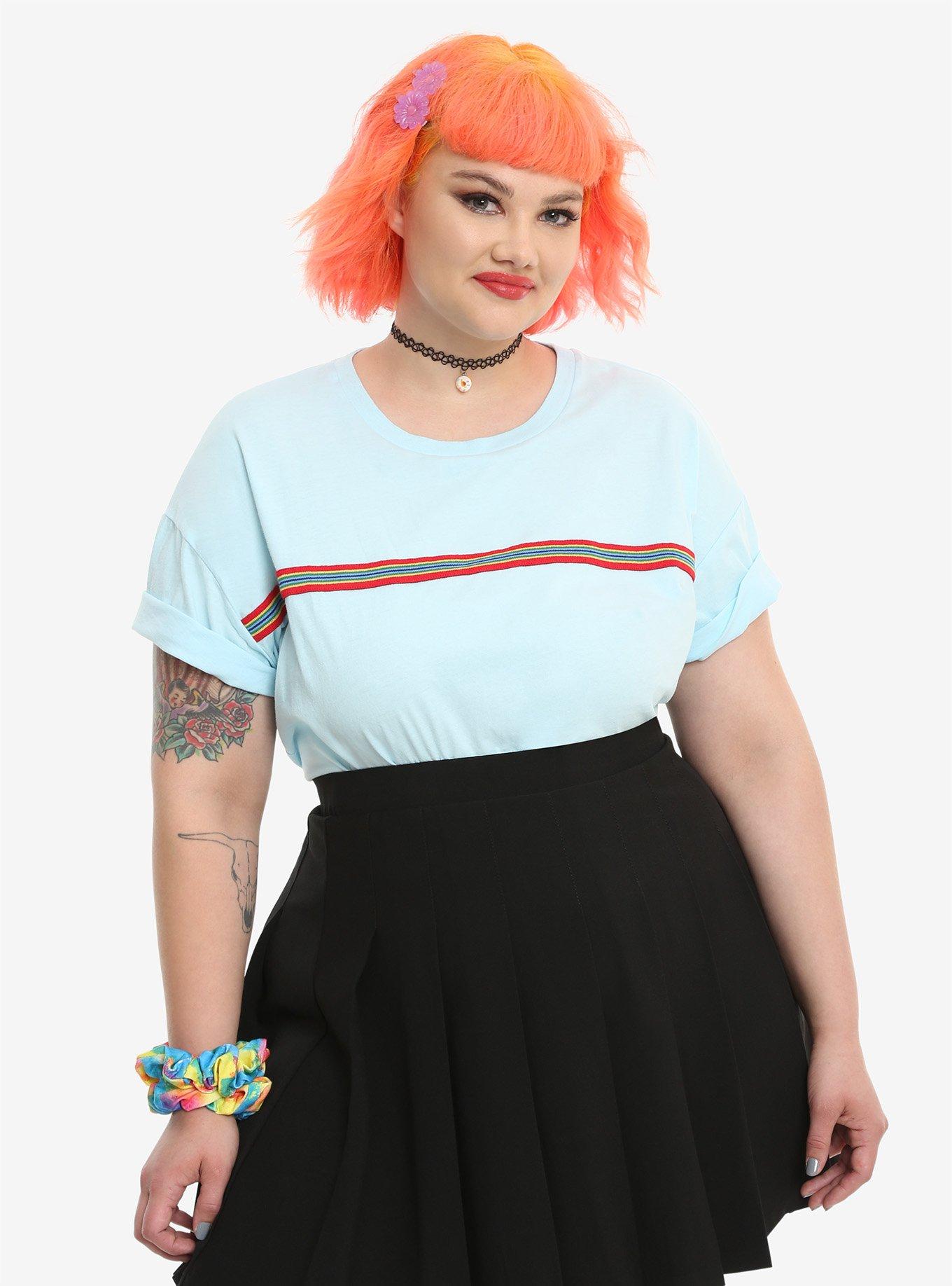 Baby Blue Rainbow Stripe Girls Crop Top Plus Size, BLUE, hi-res
