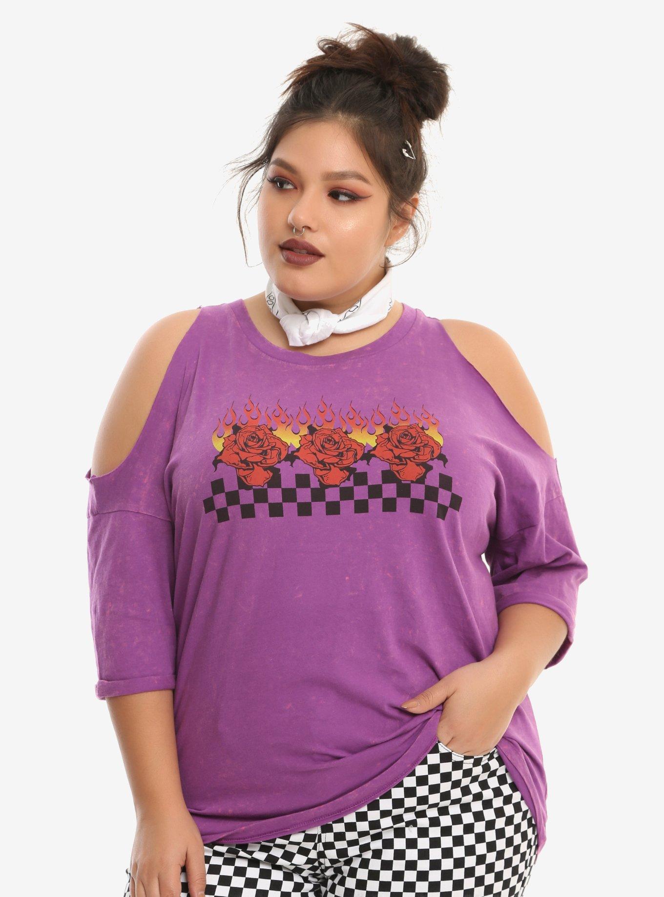 Purple Acid Wash Rose Flame Checkered Girls Cold Shoulder T-Shirt Plus Size, PURPLE, hi-res