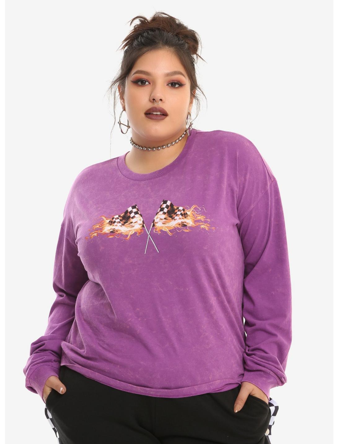 Purple Acid Wash Flaming Race Flags Girls Long-Sleeved T-Shirt Plus Size, PURPLE, hi-res