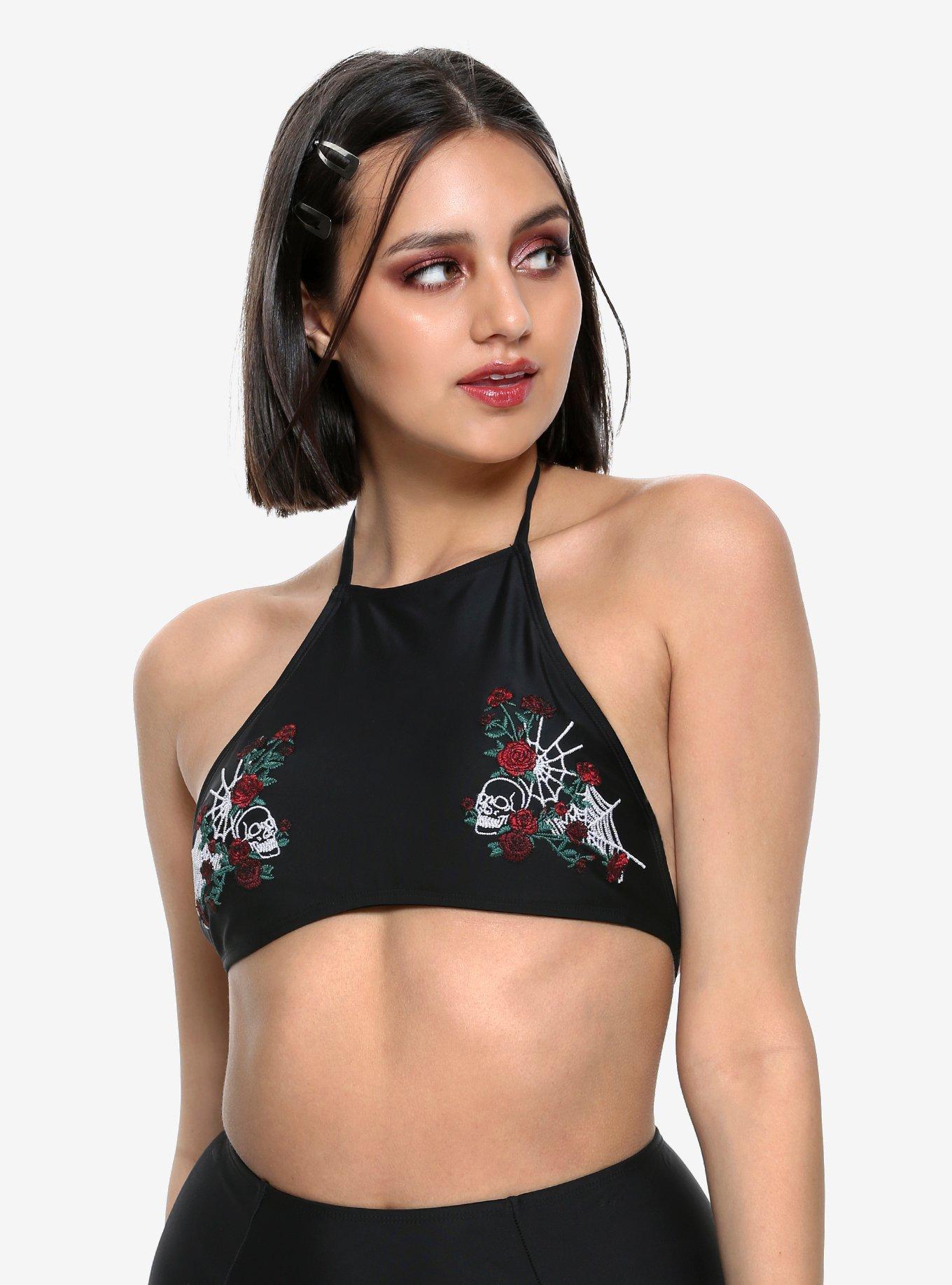 Black Rose Skull Spiderweb Embroidered Halter Swim Top, BLACK, hi-res