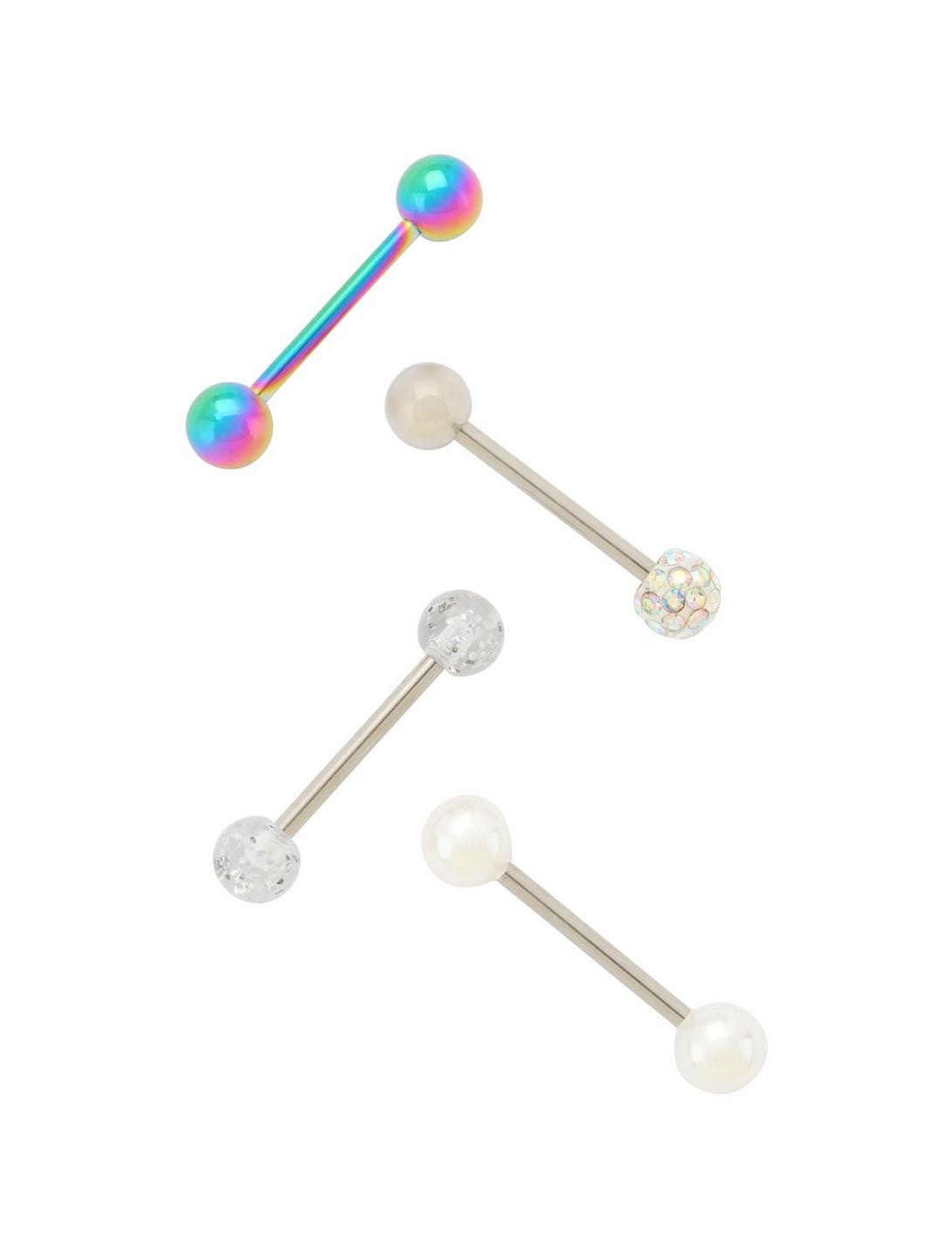14G Steel Rainbow Pearl Glitter Tongue Barbell 4 Pack, , hi-res