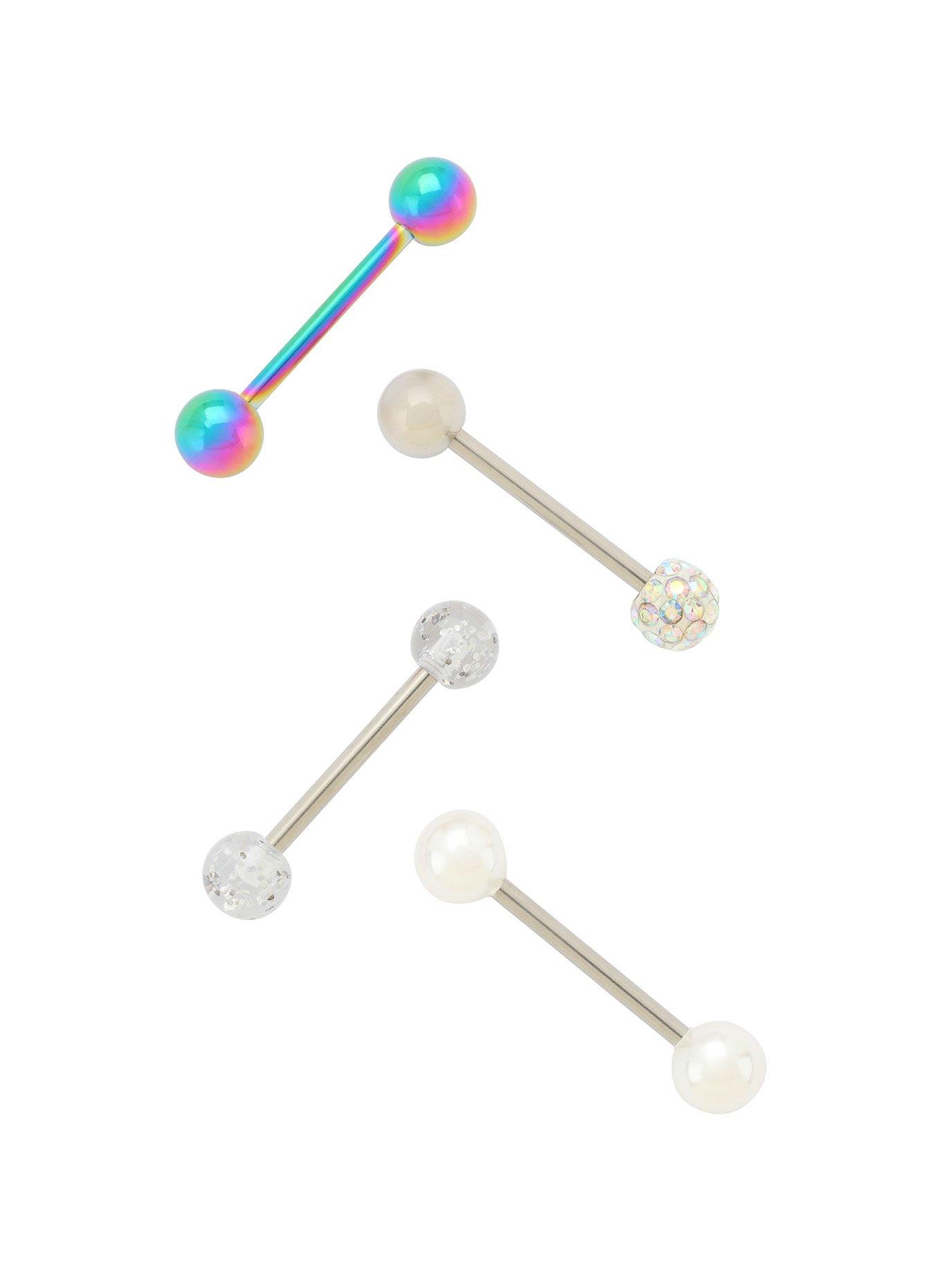 14G Steel Rainbow Pearl Glitter Tongue Barbell 4 Pack, , hi-res