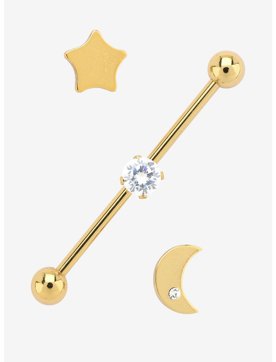 14G Steel Gold Star Moon Clear CZ Industrial Barbell, , hi-res