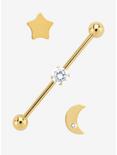 14G Steel Gold Star Moon Clear CZ Industrial Barbell, , hi-res