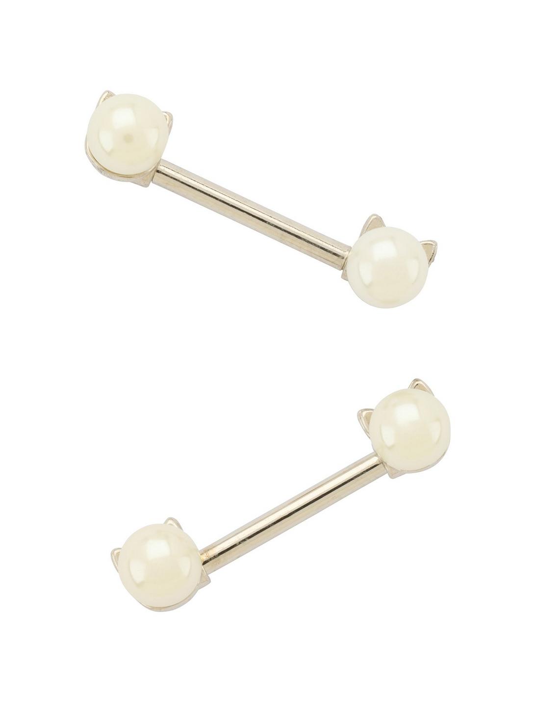 14G Steal Pearl Kitty Nipple Barbell 2 Pack, , hi-res
