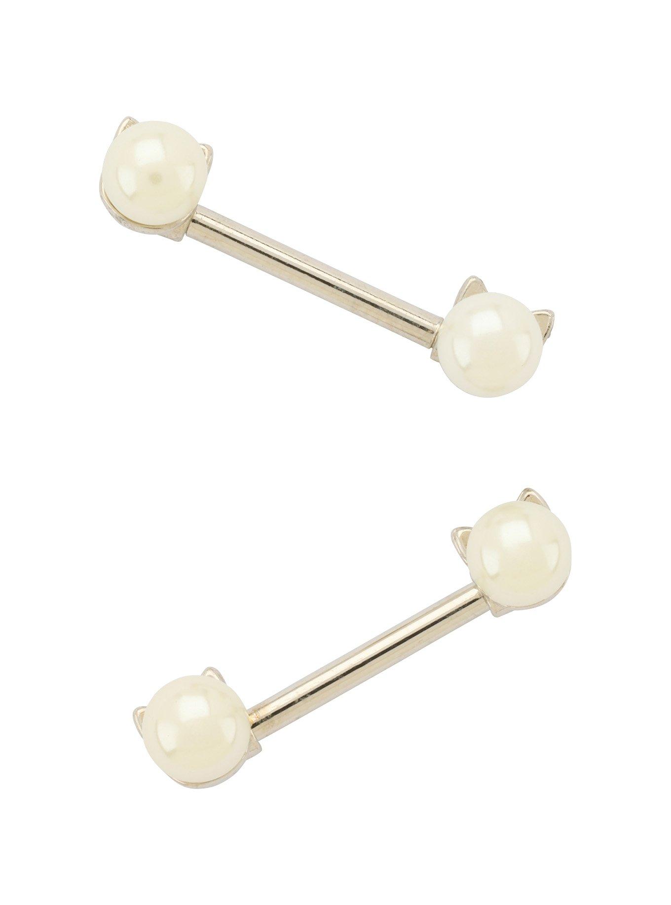 14G Steal Pearl Kitty Nipple Barbell 2 Pack, , hi-res