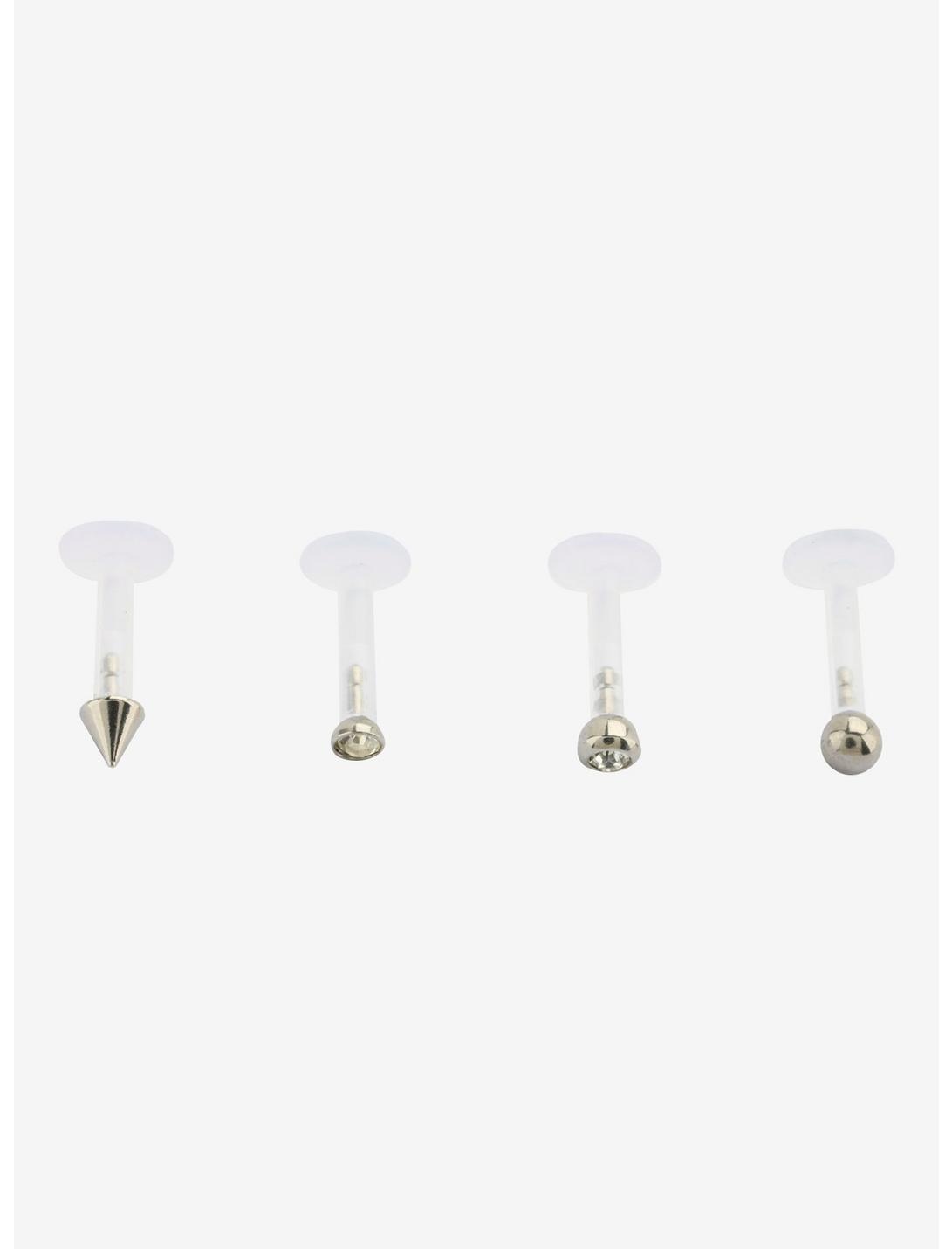 Silver Spike CZ Bead Acrylic Labret Stud 4 Pack, MULTI, hi-res
