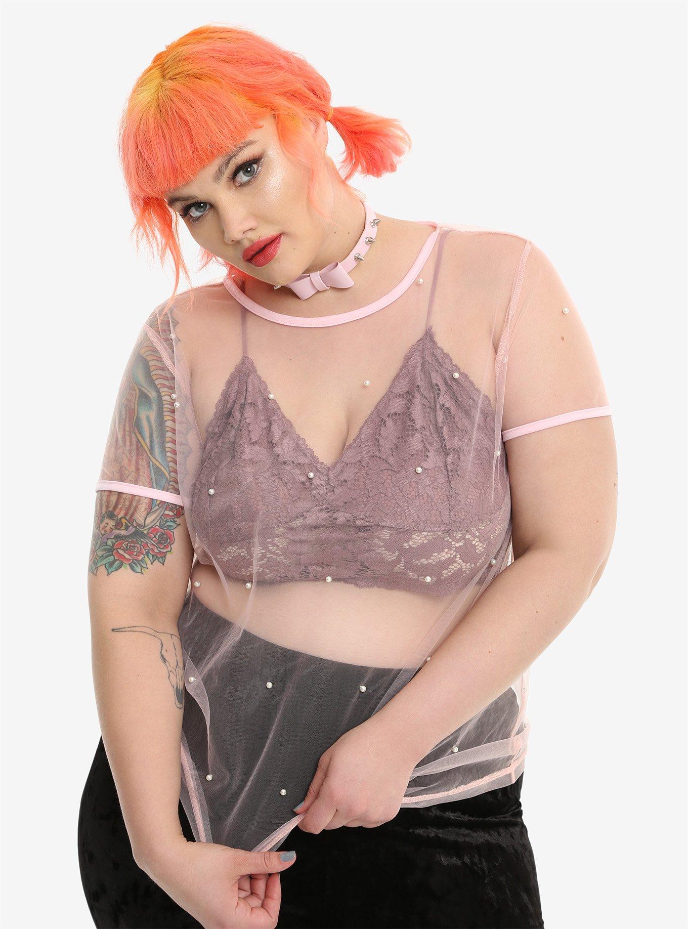 Pink Pearl Mesh Girls T-Shirt Plus Size, PINK, hi-res