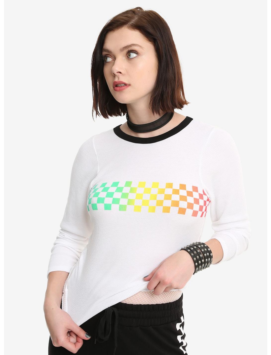 Rainbow Checkered Girls Long-Sleeve Thermal Top, WHITE, hi-res