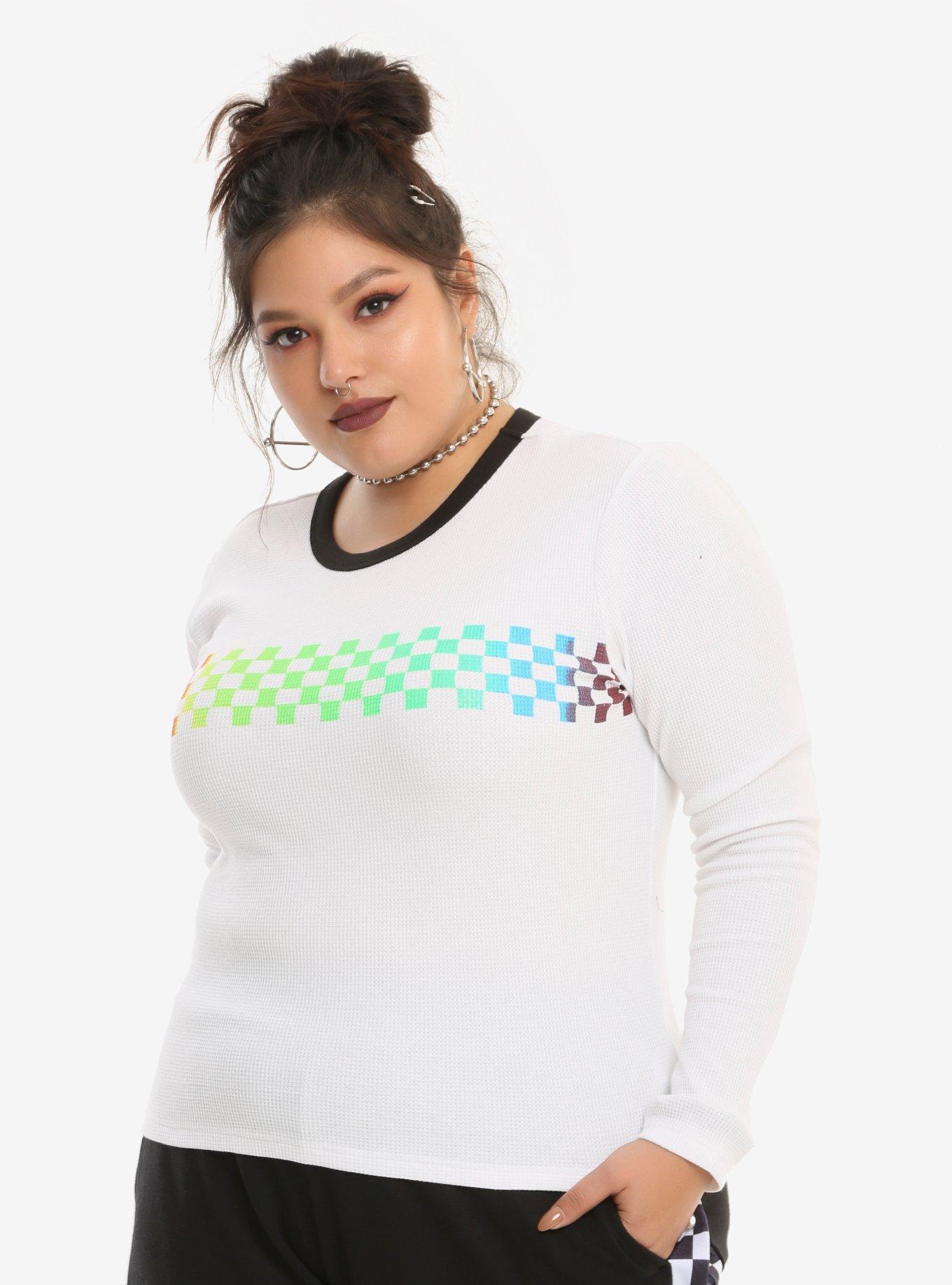 Rainbow Checkered Girls Long-Sleeve Thermal Top Plus Size, WHITE, hi-res