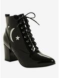 Black Patent Faux Leather Hologram Moon & Stars Pointed Toe Booties, MULTI, hi-res