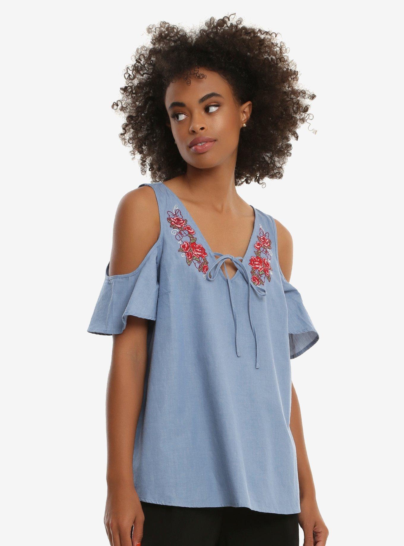 Disney Minnie Mouse Embroidered Cold Shoulder Top - BoxLunch Exclusive, BLUE, hi-res