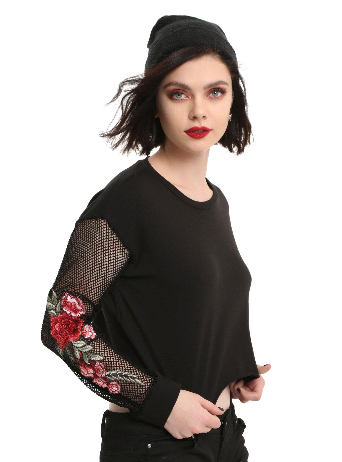 Black Fishnet Sleeve Embroidered Rose Applique Girls Crop Sweatshirt, BLACK, hi-res