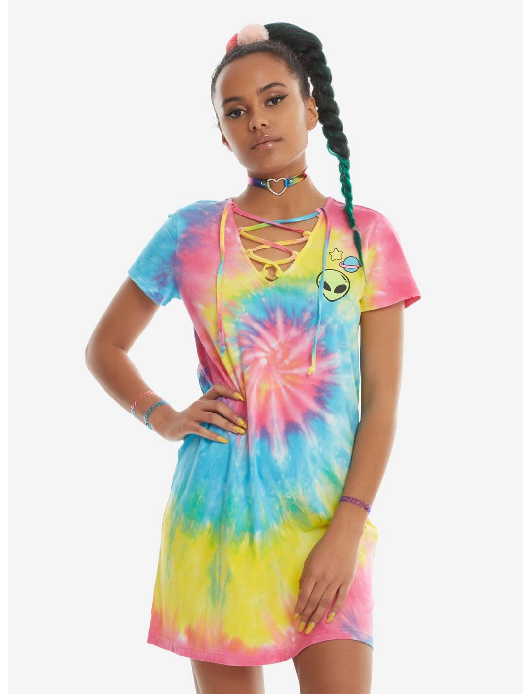 Rainbow Tie Dye Alien Lace-Up Neckline T-Shirt Dress, PINK, hi-res