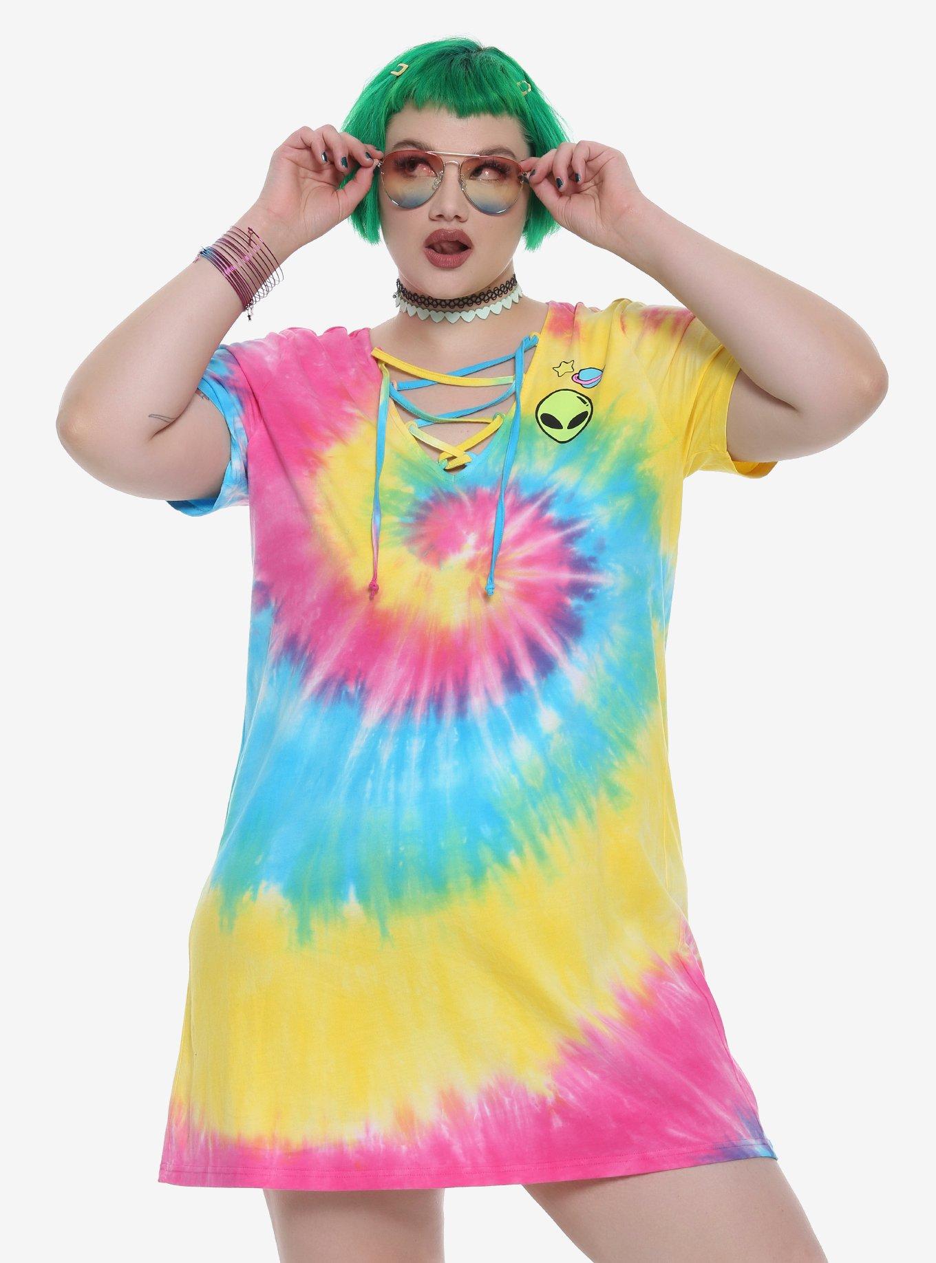 Rainbow Tie Dye Alien Lace-Up Neckline T-Shirt Dress Plus Size, PINK, hi-res