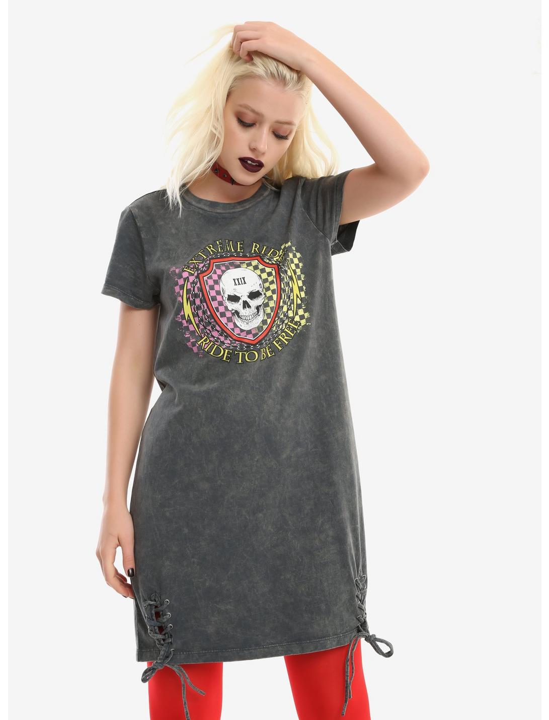 Grey Acid Wash Ride Free Skull T-Shirt Dress, BLACK, hi-res