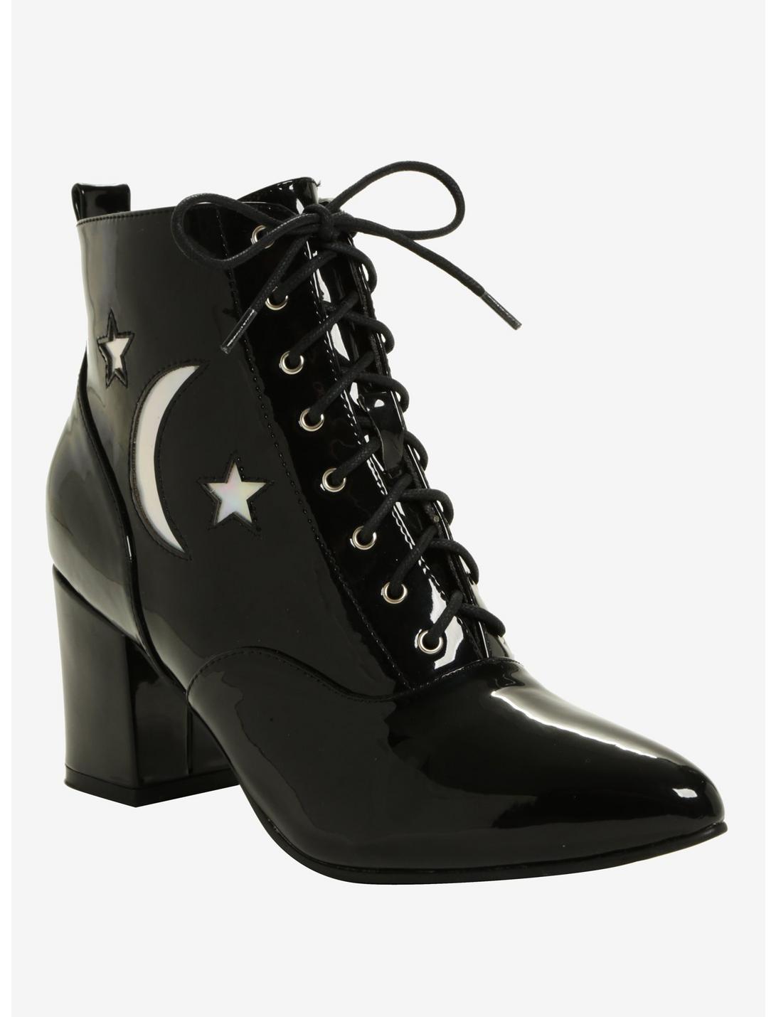 Black Patent Leather Hologram Moon & Stars Pointed Toe Bootie, MULTI, hi-res