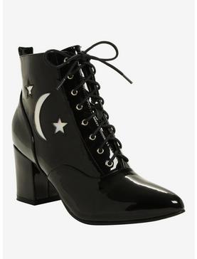 Black Patent Leather Hologram Moon & Stars Pointed Toe Bootie, , hi-res