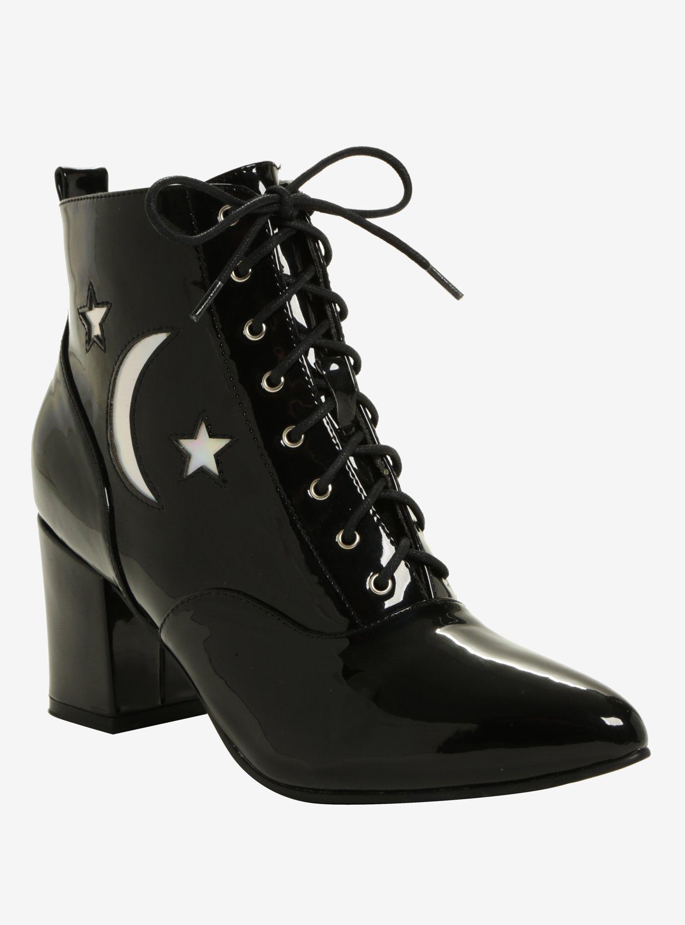 Black Patent Leather Hologram Moon & Stars Pointed Toe Bootie, MULTI, hi-res