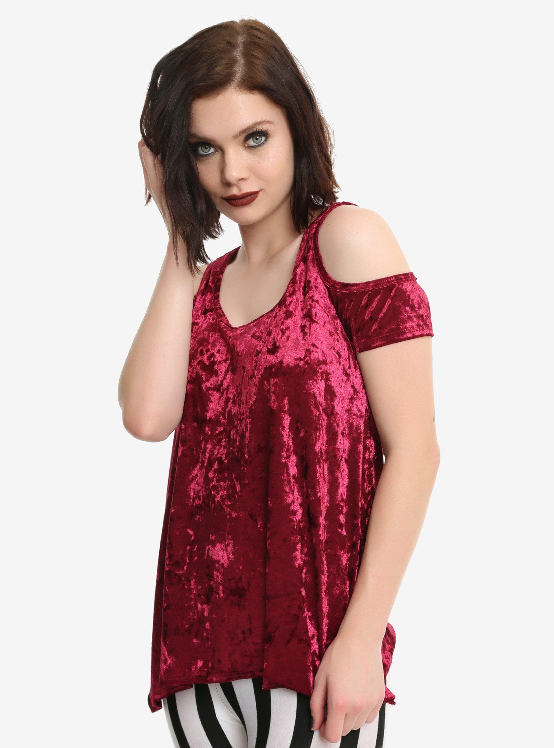 Burgundy Crushed Velvet Girls Cold Shoulder Top, BURGUNDY, hi-res