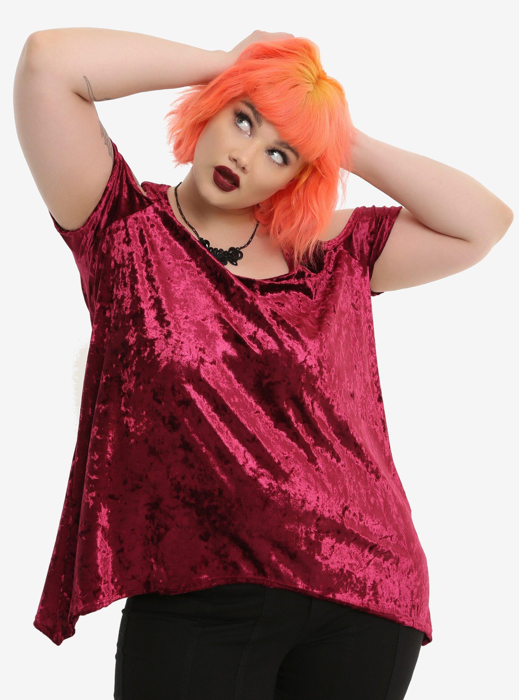 Burgundy Crushed Velvet Girls Cold Shoulder Top Plus Size, BURGUNDY, hi-res