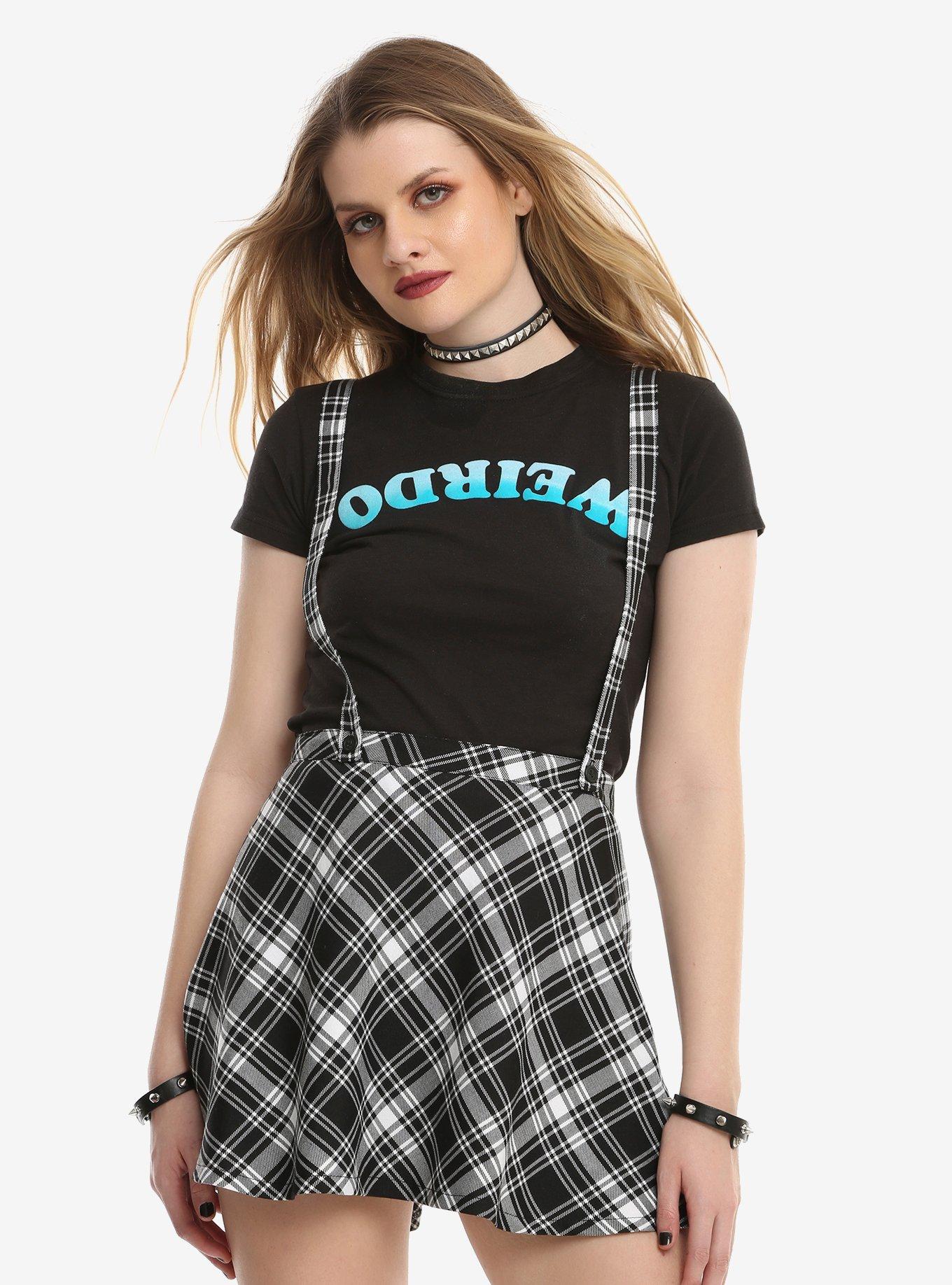 Black plaid shop skirt with suspenders