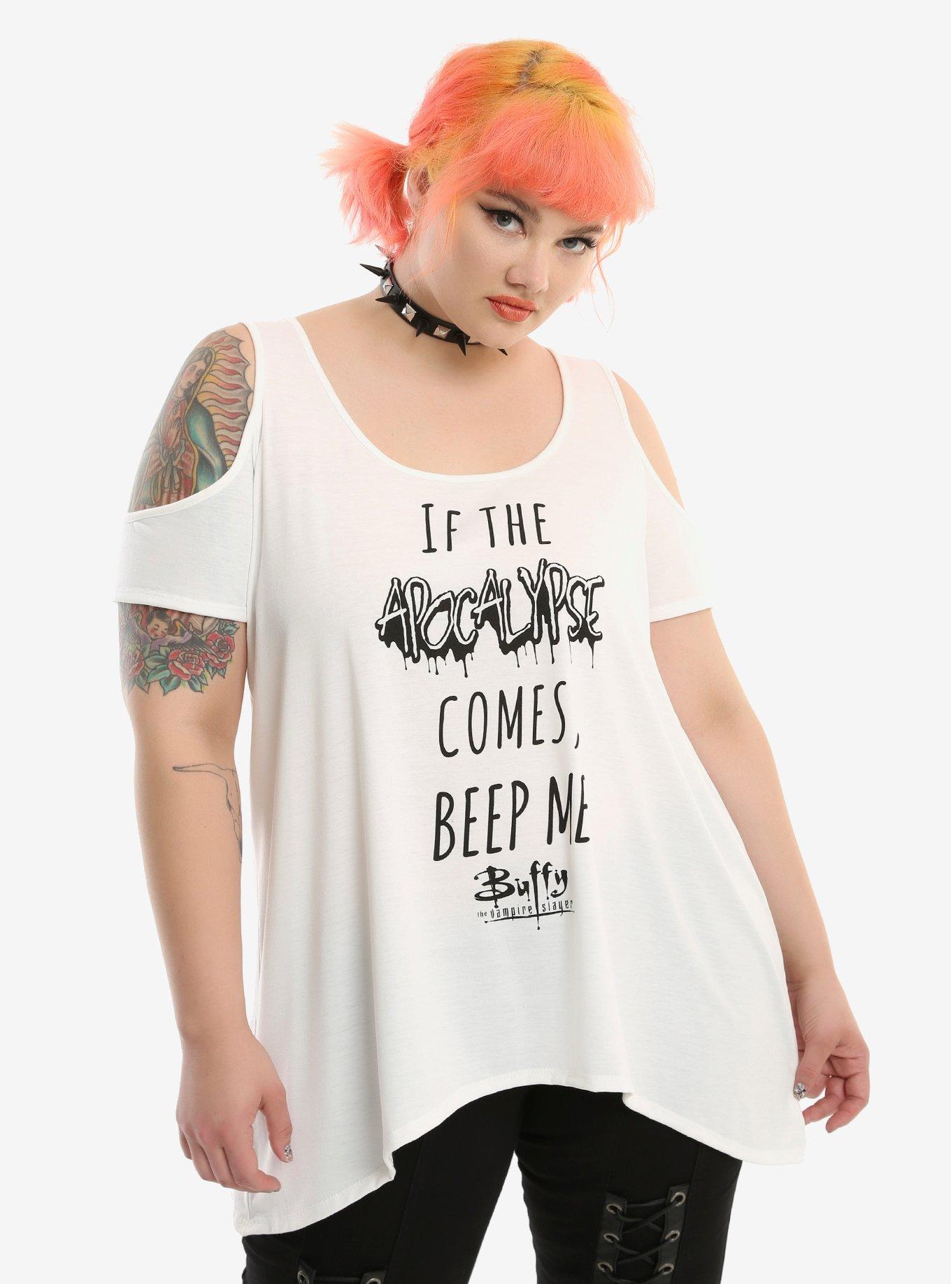 Buffy The Vampire Slayer Beep Me Girls Cold Shoulder Top Plus Size, IVORY, hi-res