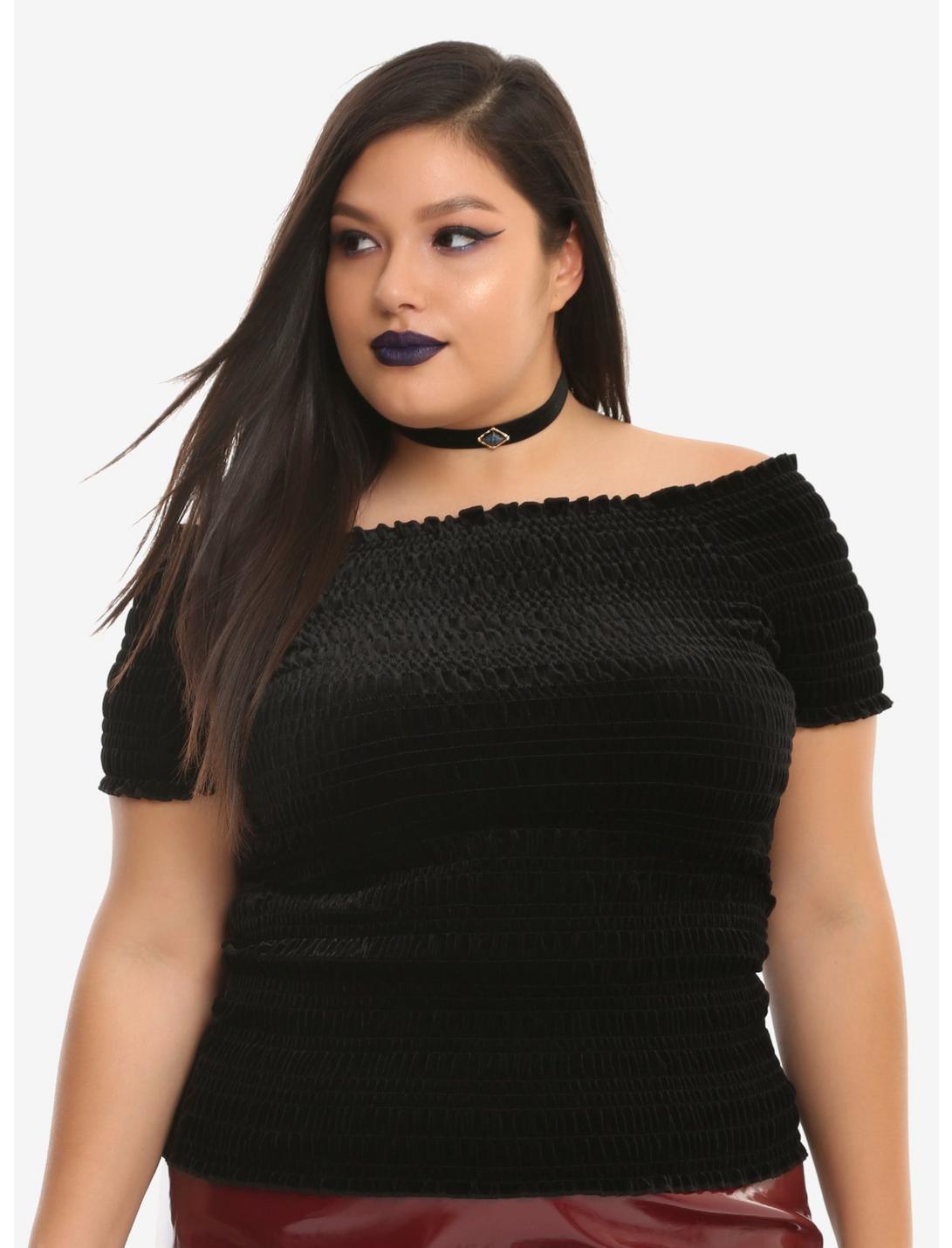 Black Smocked Off-Shoulder Velvet Girls Top Plus Size, BLACK, hi-res