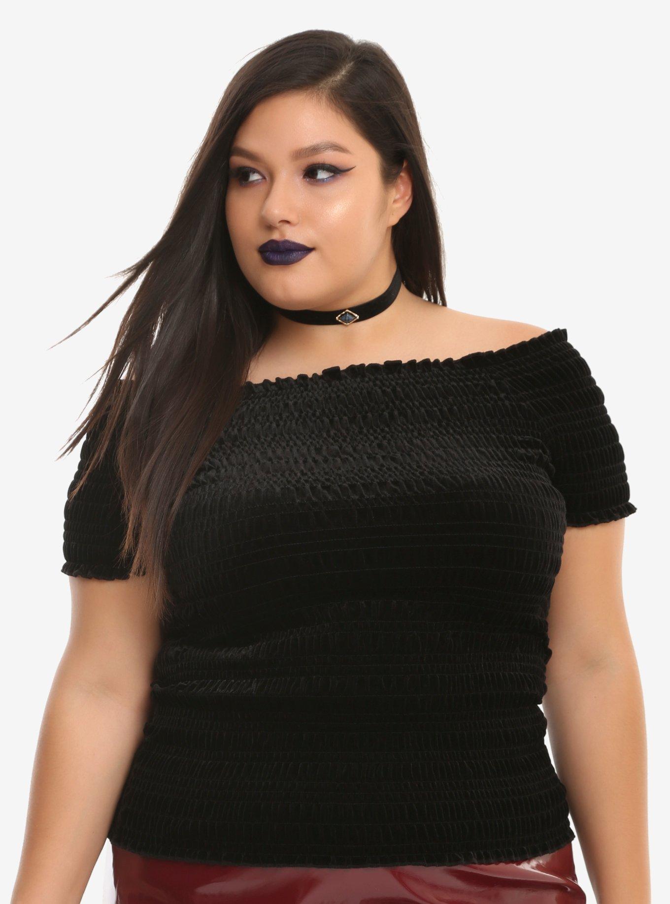 Black Smocked Off-Shoulder Velvet Girls Top Plus Size, BLACK, hi-res