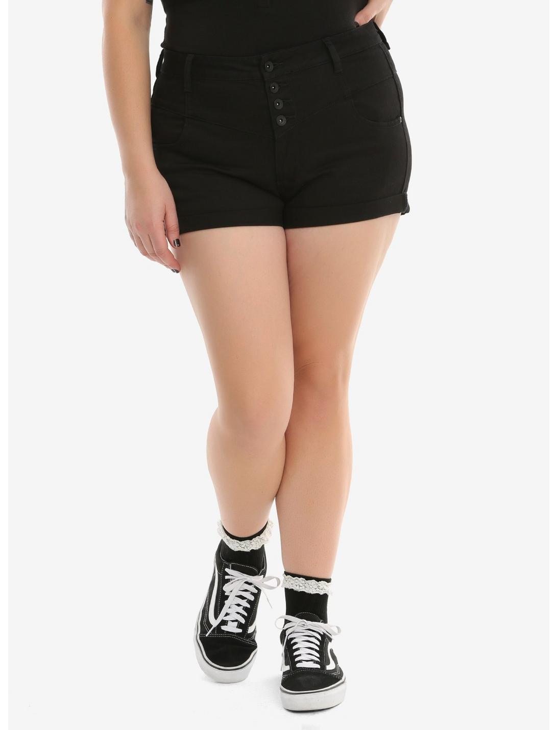 Blackheart Black High-Waisted V-Stitch Shorts Plus Size, BLACK, hi-res