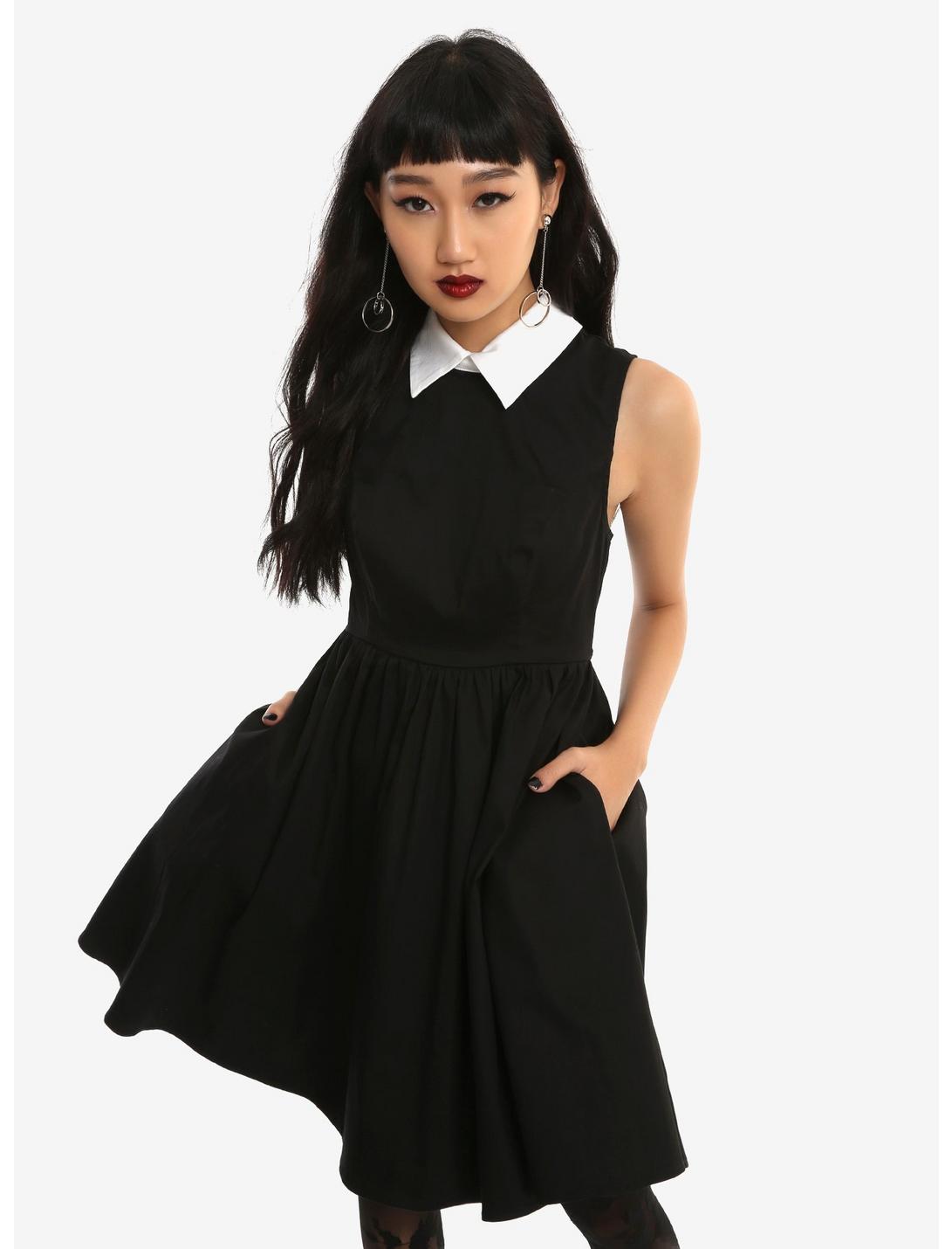 Black & White Collar Sleeveless Dress, BLACK, hi-res