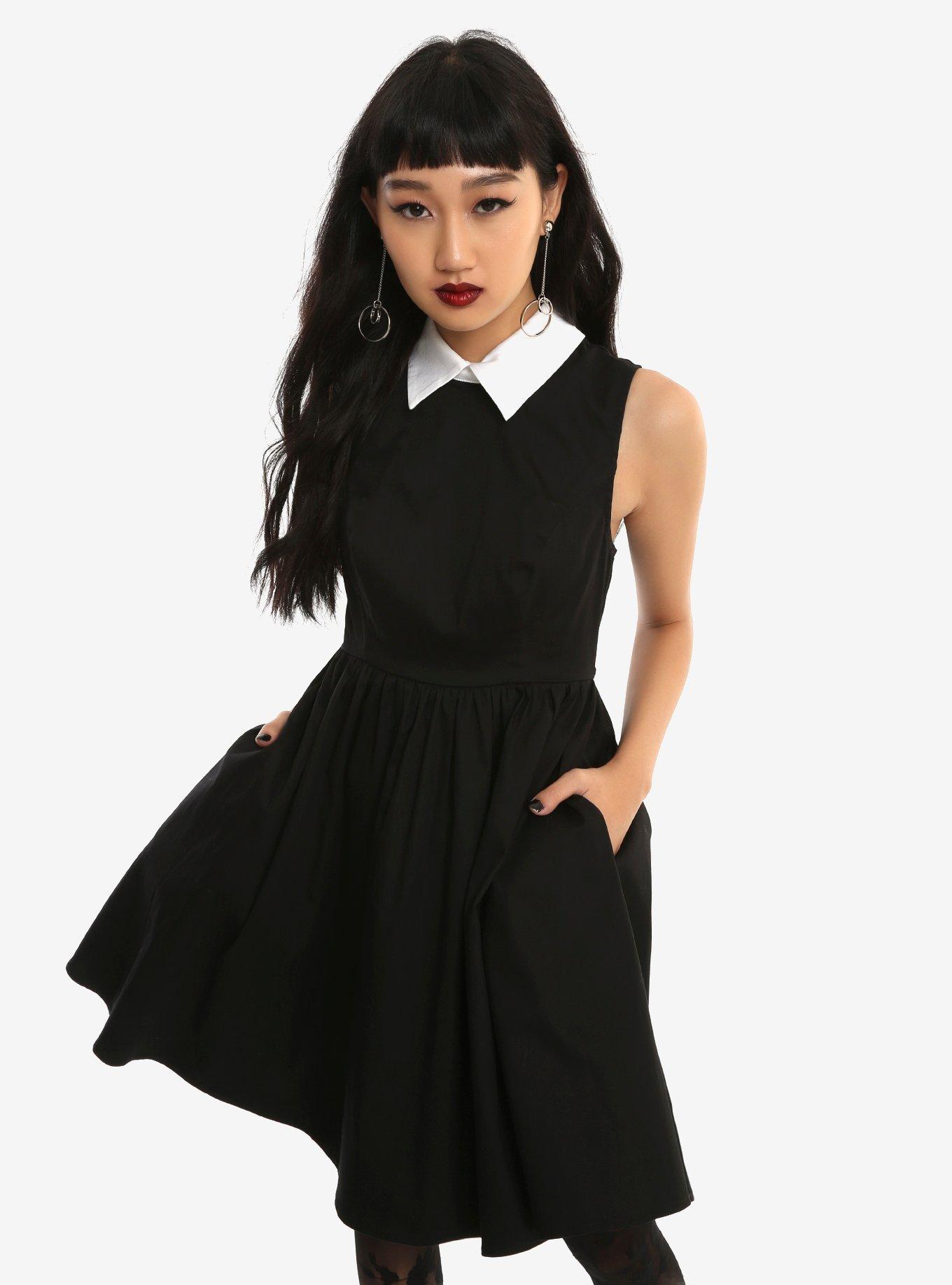 Black & White Collar Sleeveless Dress, BLACK, hi-res