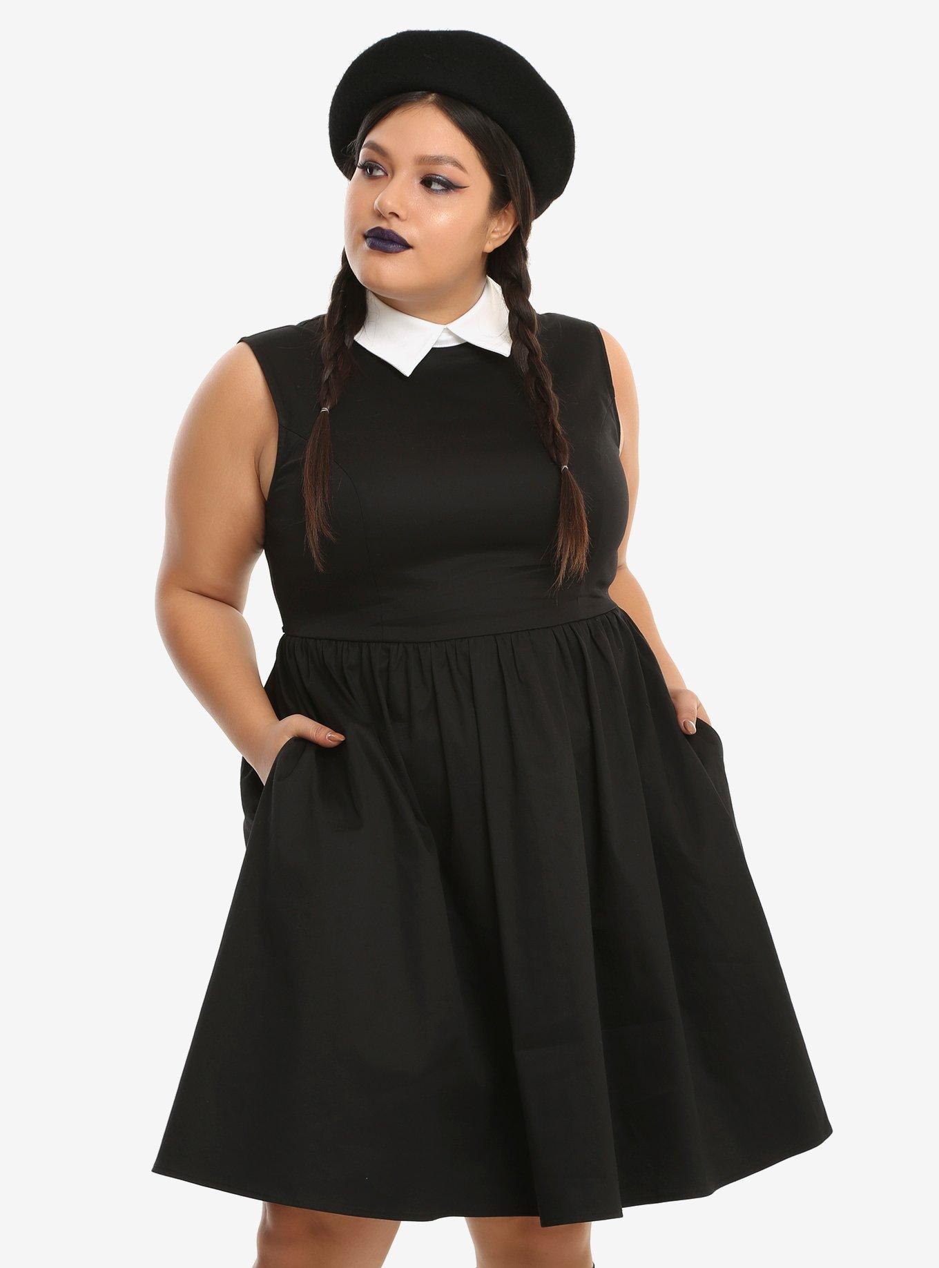 Black & White Collar Sleeveless Dress Plus Size, BLACK, hi-res