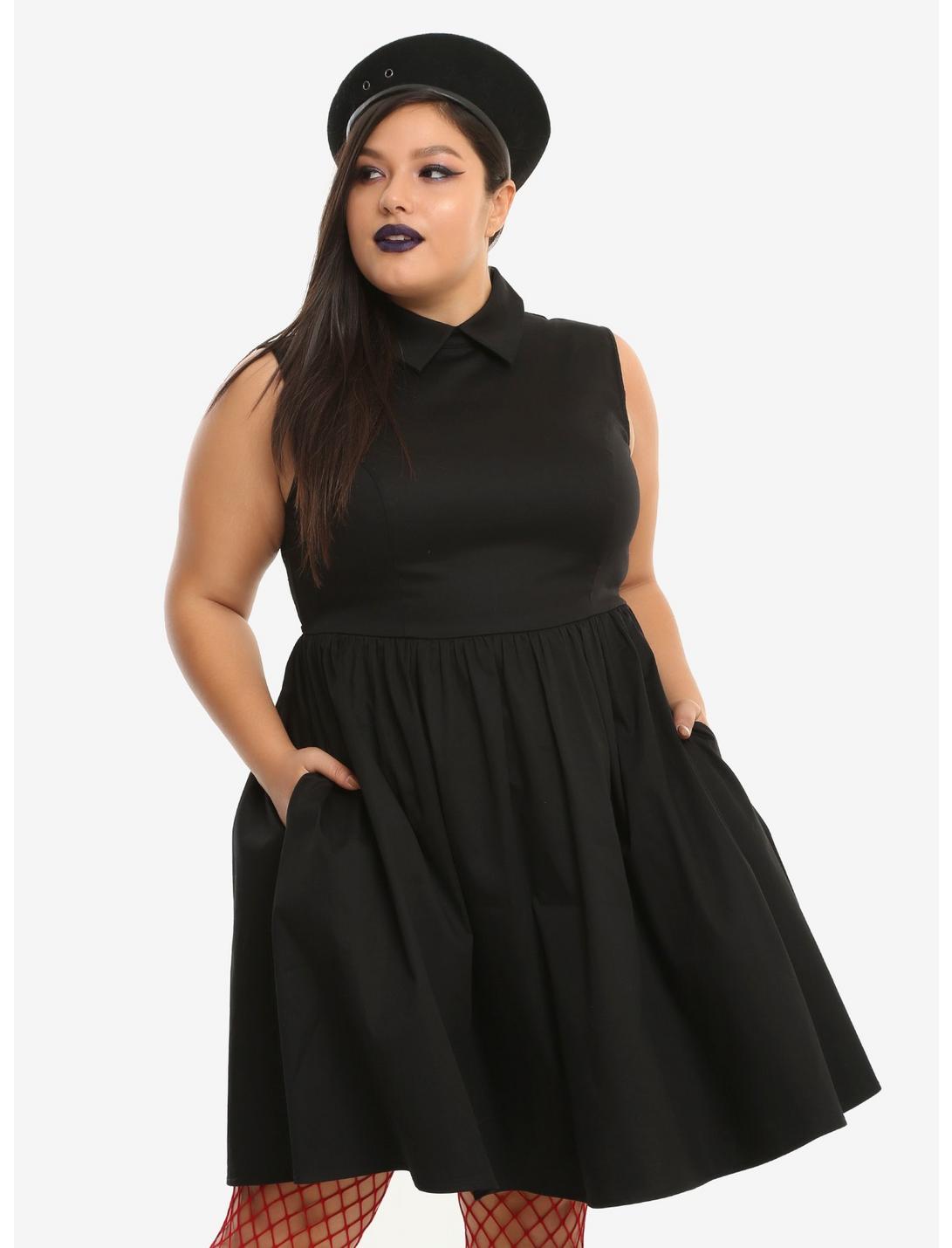 Black Sleeveless Collared Fit & Flare Dress Plus Size, BLACK, hi-res