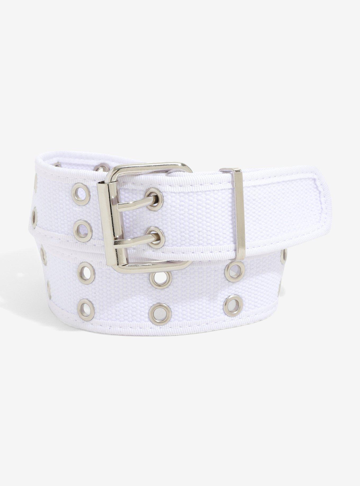 White Woven Double Grommet Belt, WHITE, hi-res