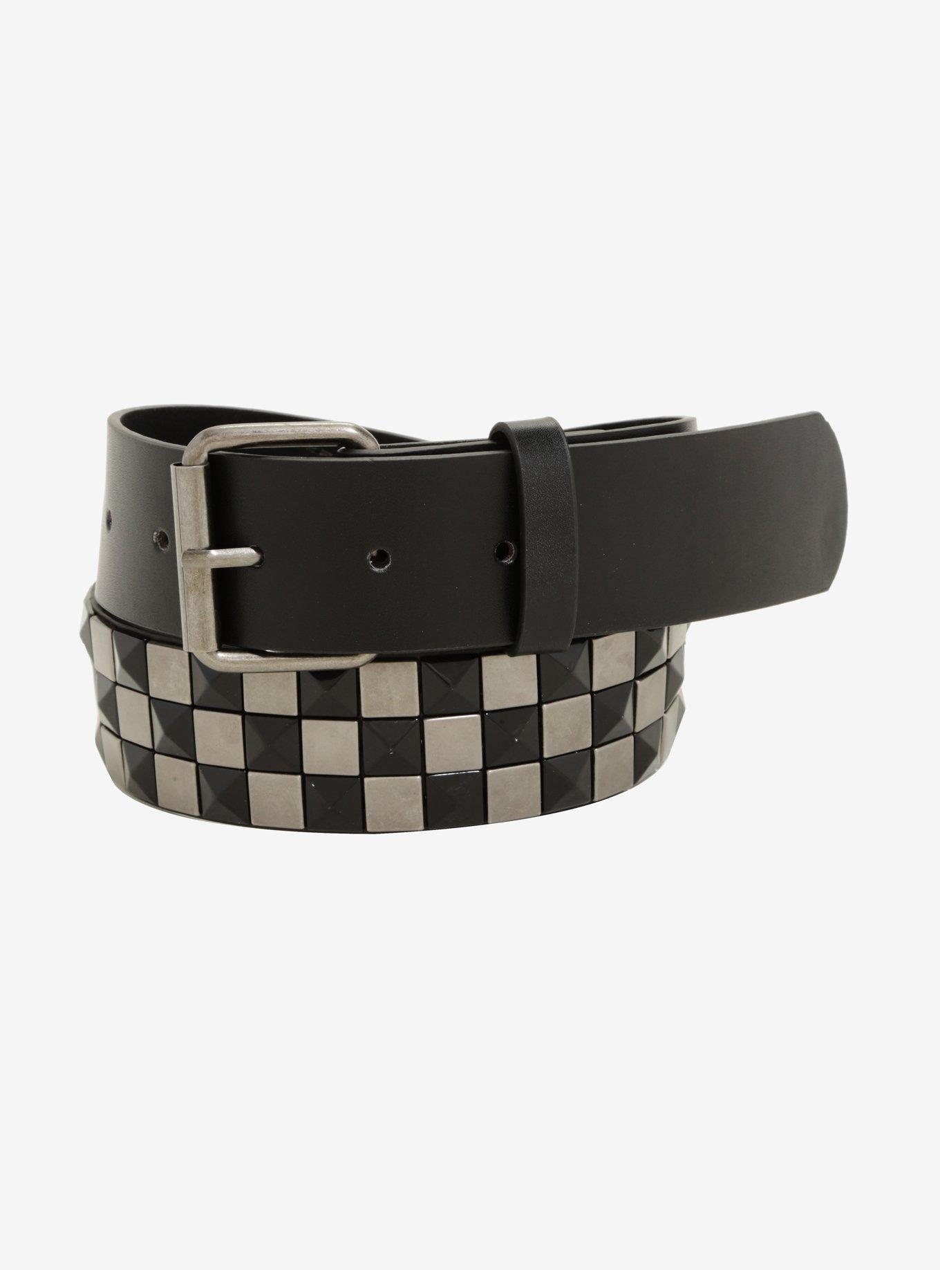 Silver Square & Black Pyramid Checkered Stud Belt | Hot Topic