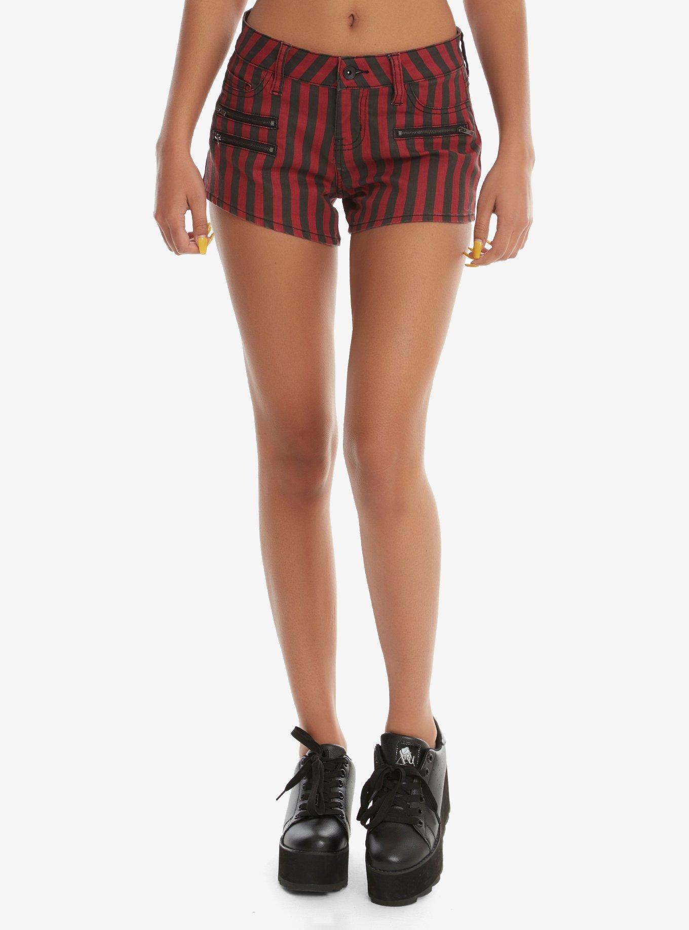 Red and black striped shorts on sale