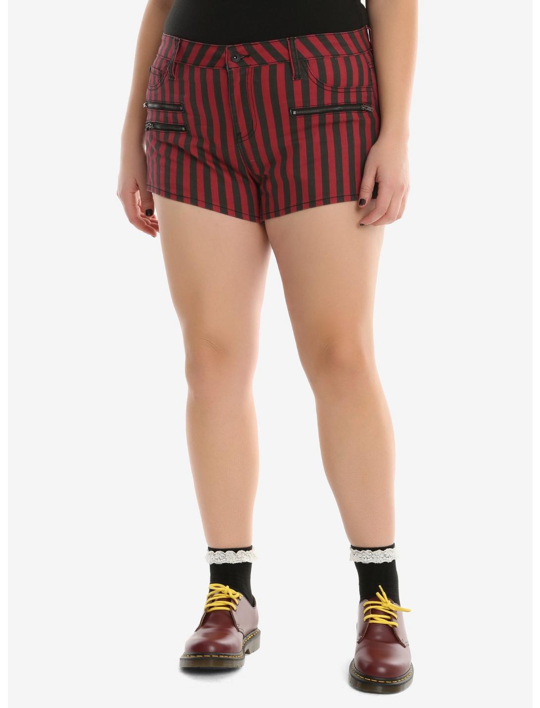 Blackheart Black & Red Striped Low Rise Shorts Plus Size, RED, hi-res