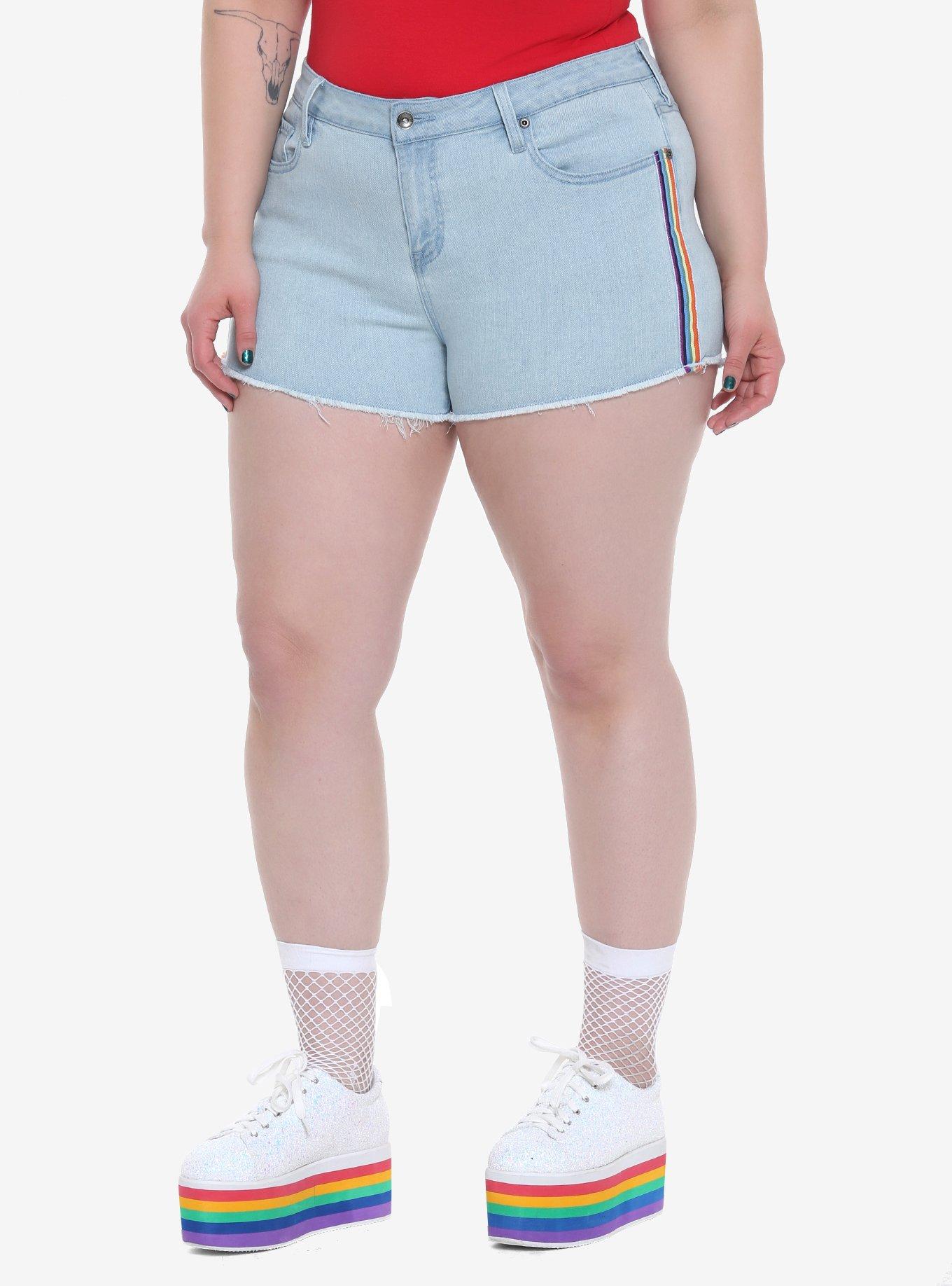 Blackheart Indigo Rainbow Stripe Shorts Plus Size, BLUE, hi-res