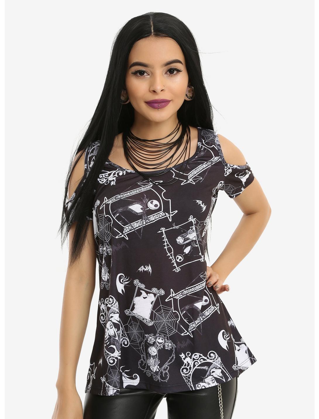 The Nightmare Before Christmas Collage Girls Cold Shoulder Top, BLACK, hi-res
