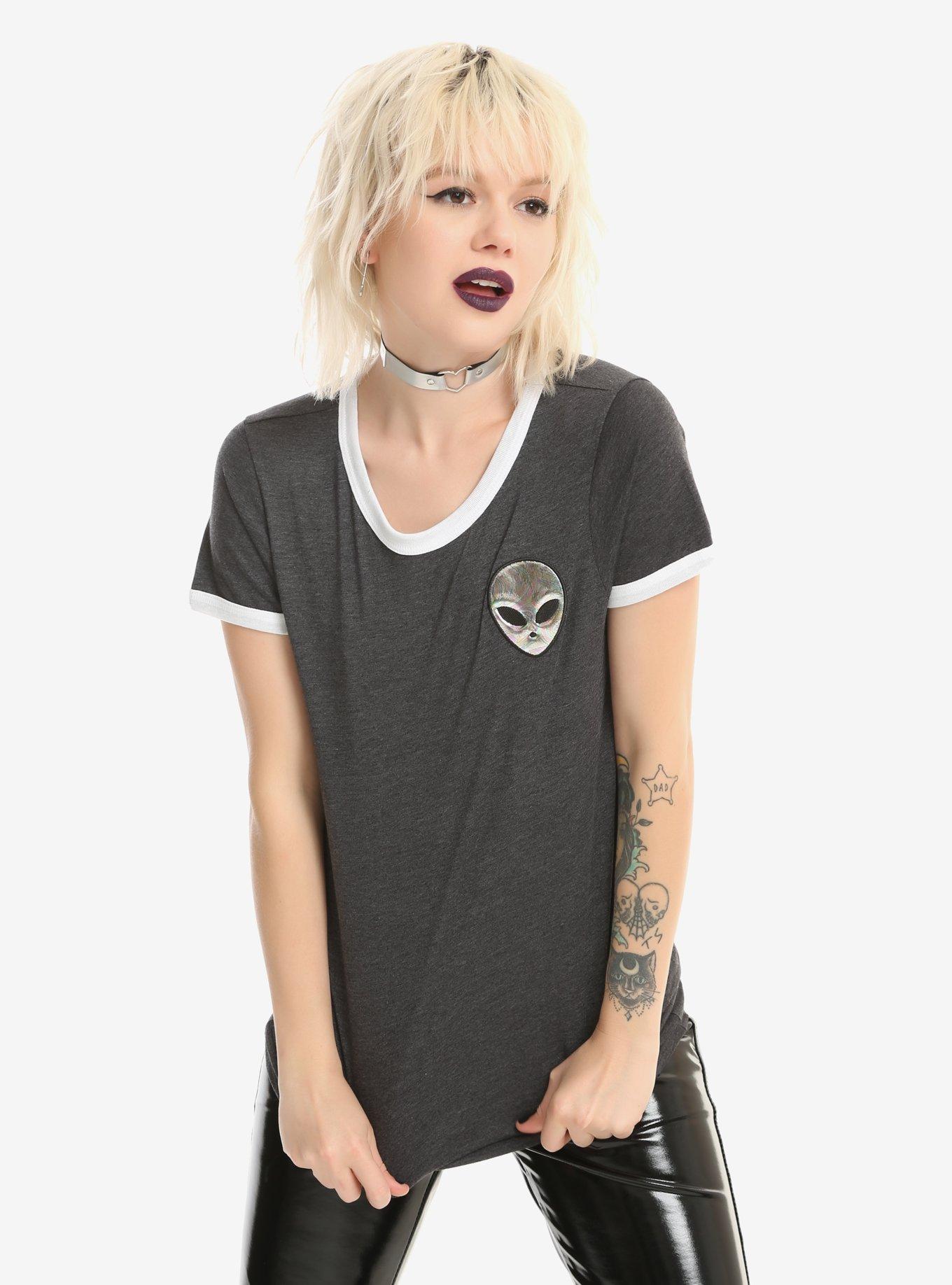 Holographic Alien Head Girls Ringer T-Shirt, WHITE, hi-res