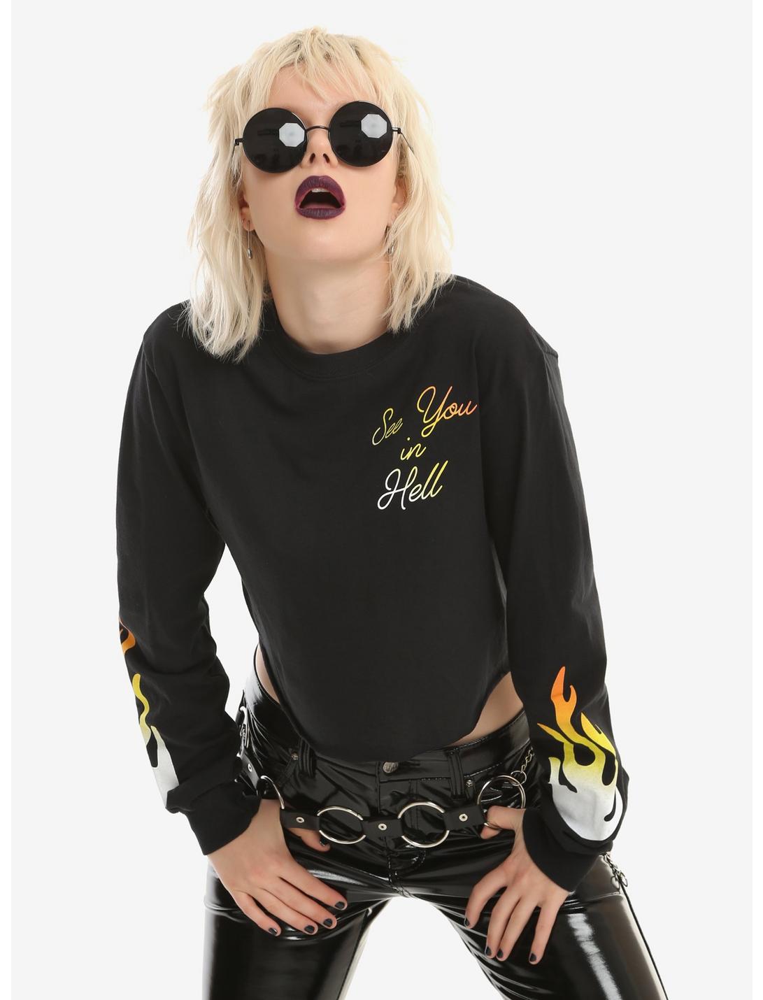 See You In Hell Flame Sleeves Girls Crop Long-Sleeve T-Shirt, BLACK, hi-res