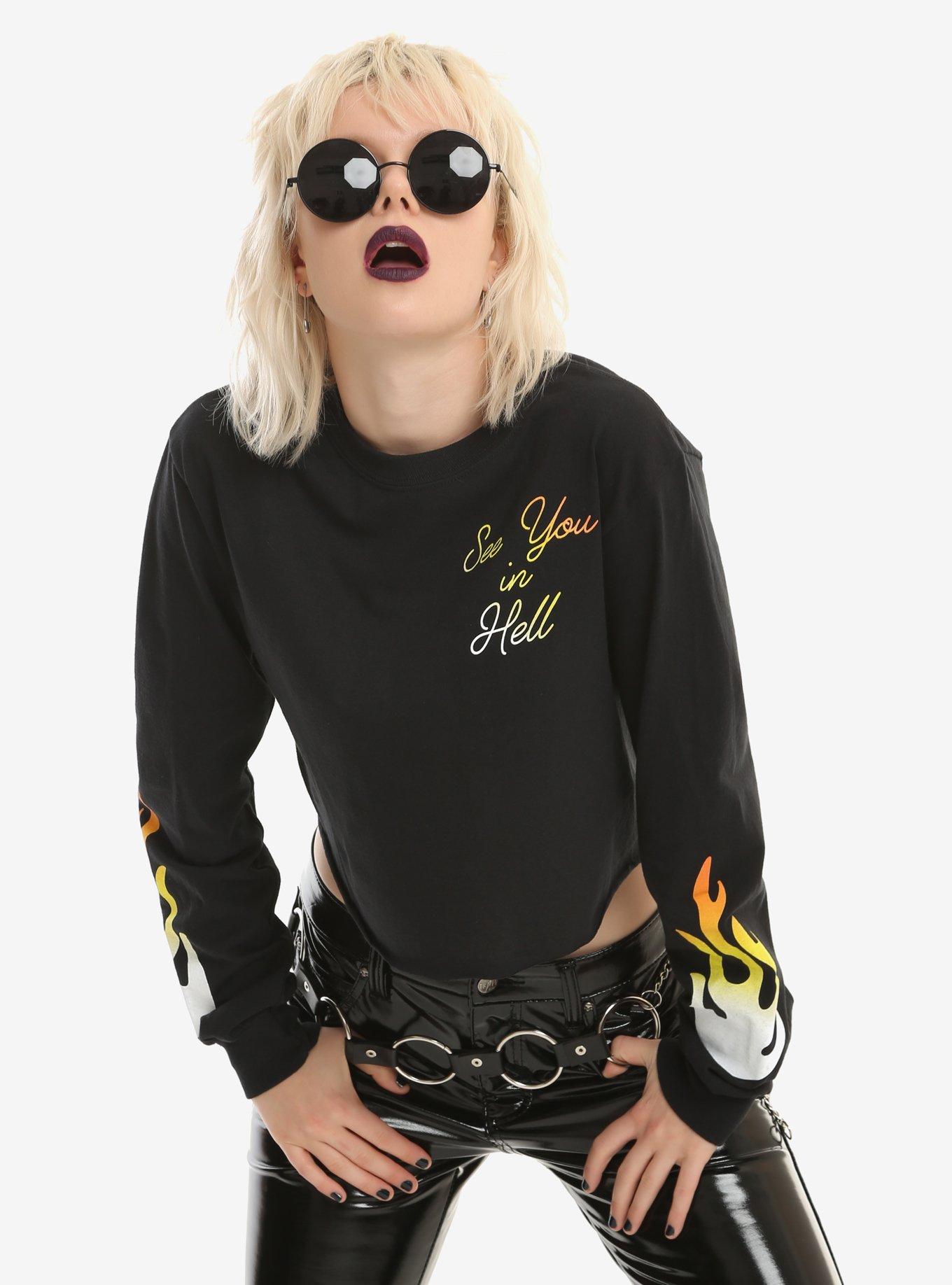 See You In Hell Flame Sleeves Girls Crop Long-Sleeve T-Shirt, BLACK, hi-res