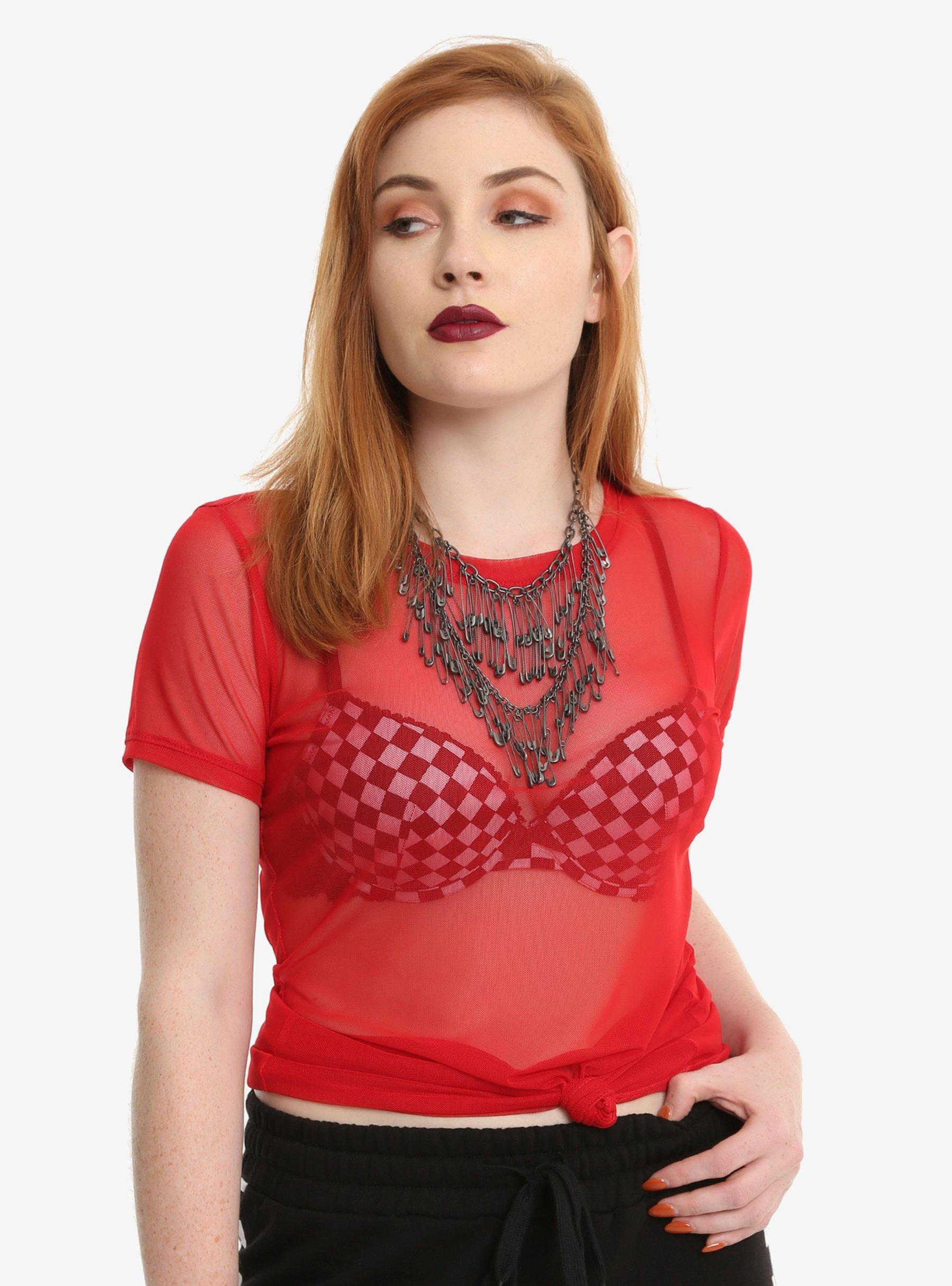Red Mesh Girls Top, RED, hi-res