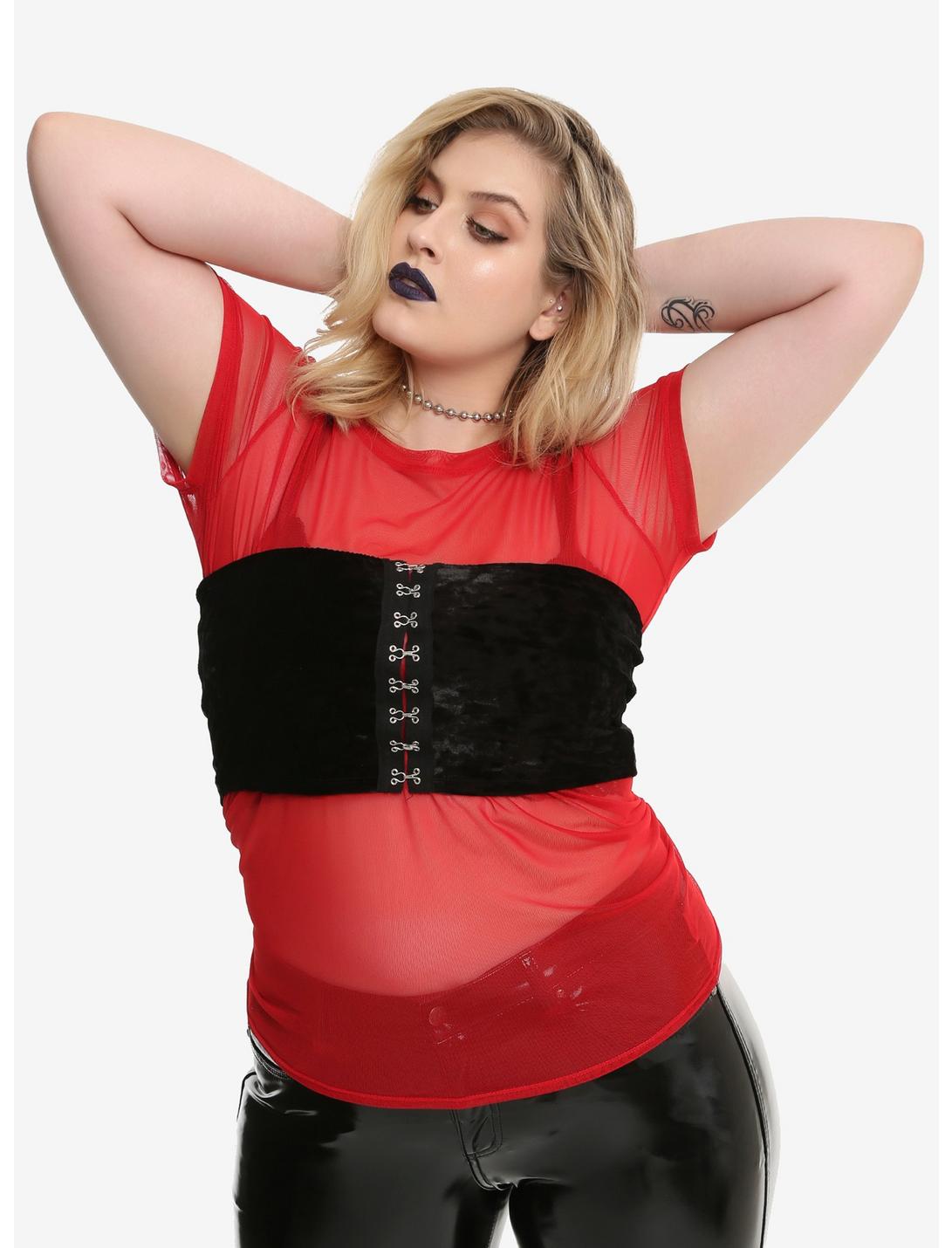 Red Mesh Girls Top Plus Size, RED, hi-res