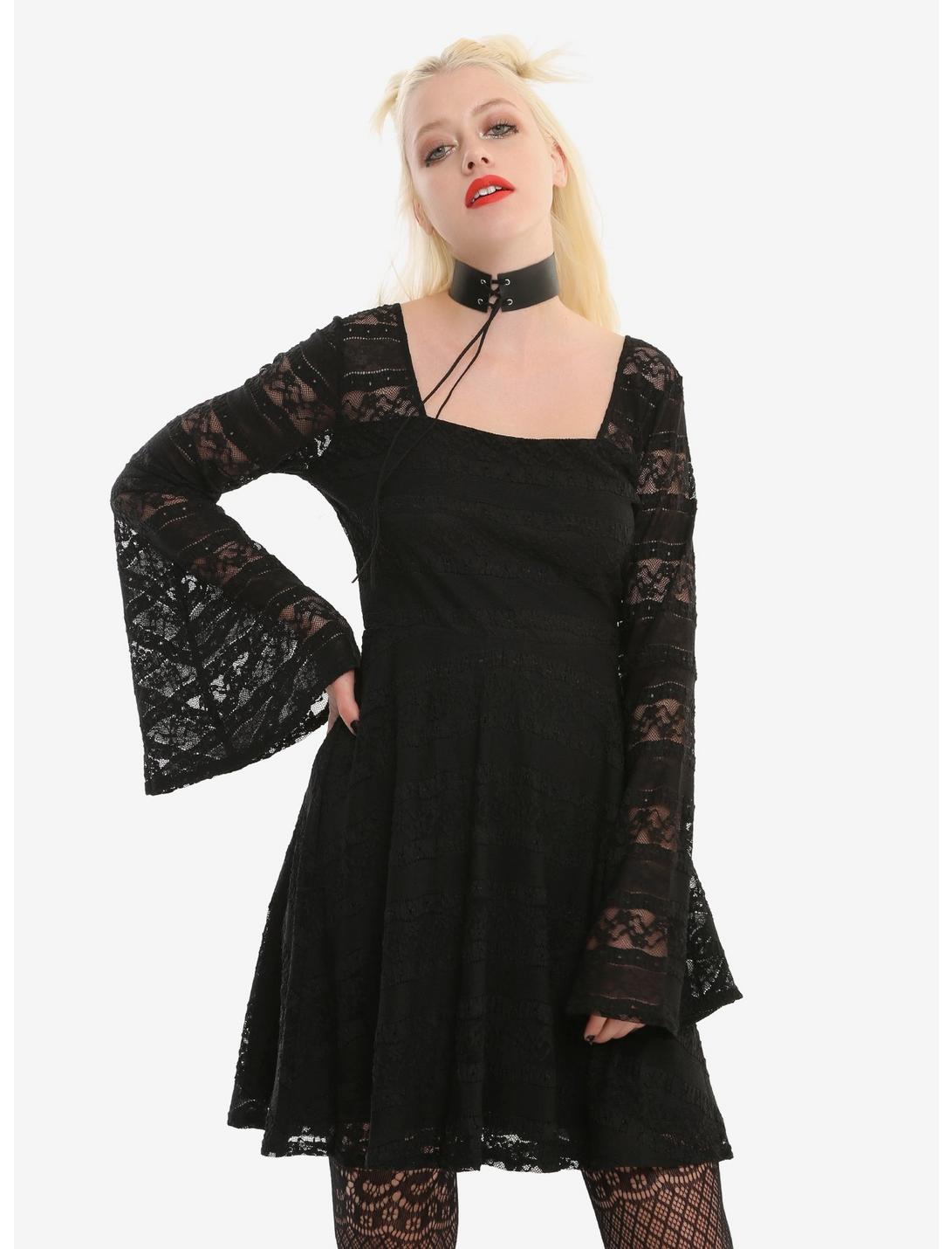 Black Lace Stripe Bell Sleeve Dress, BLACK, hi-res