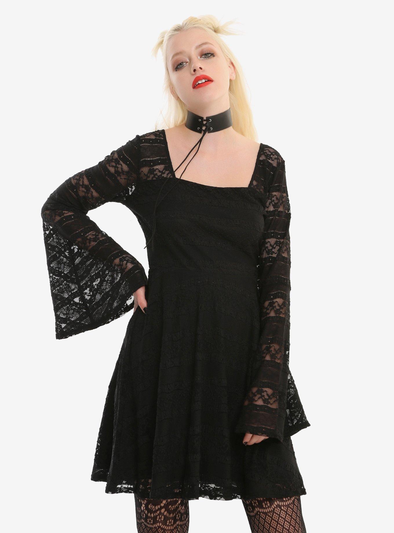 Black Lace Stripe Bell Sleeve Dress, BLACK, hi-res